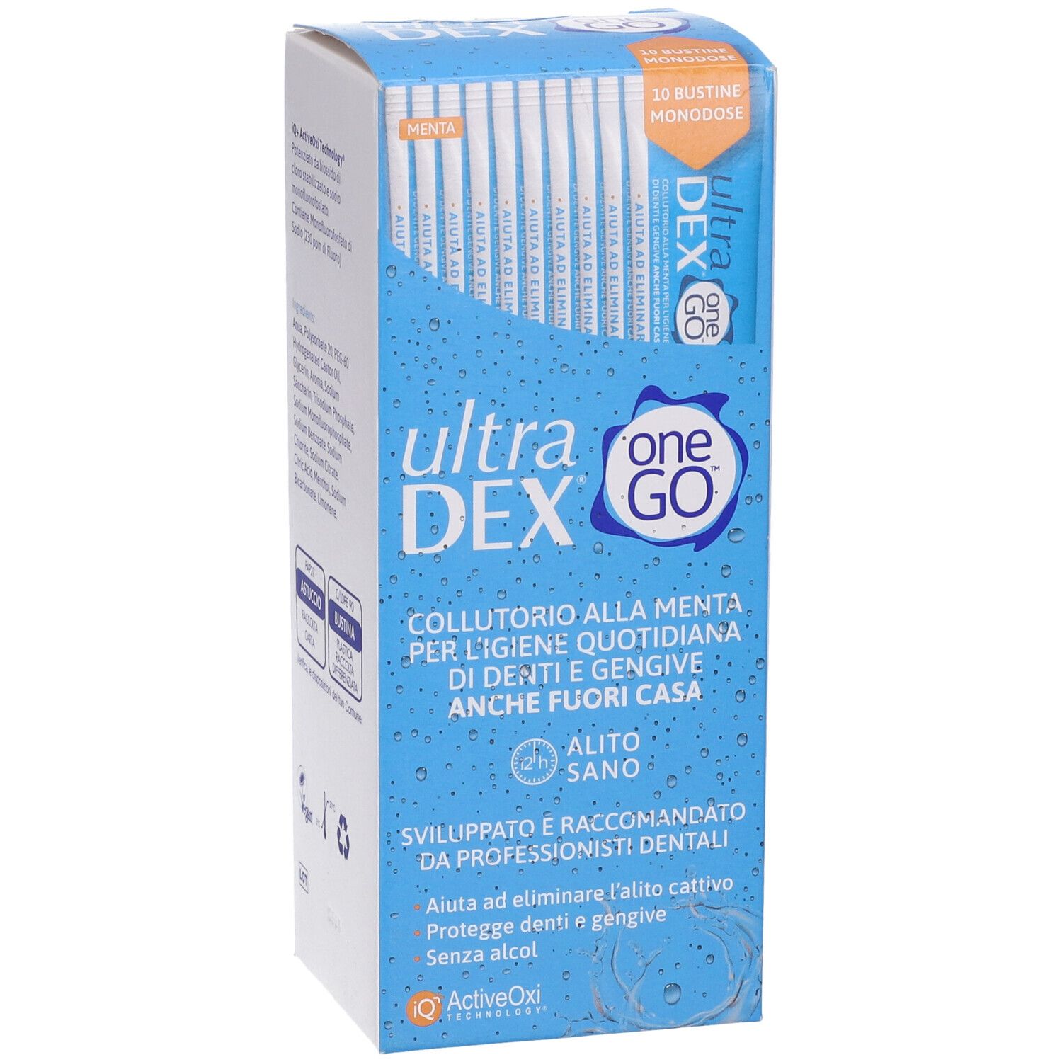 Packung mit 10 Beuteln Ultra Dex One Go Mundspülung Minze.