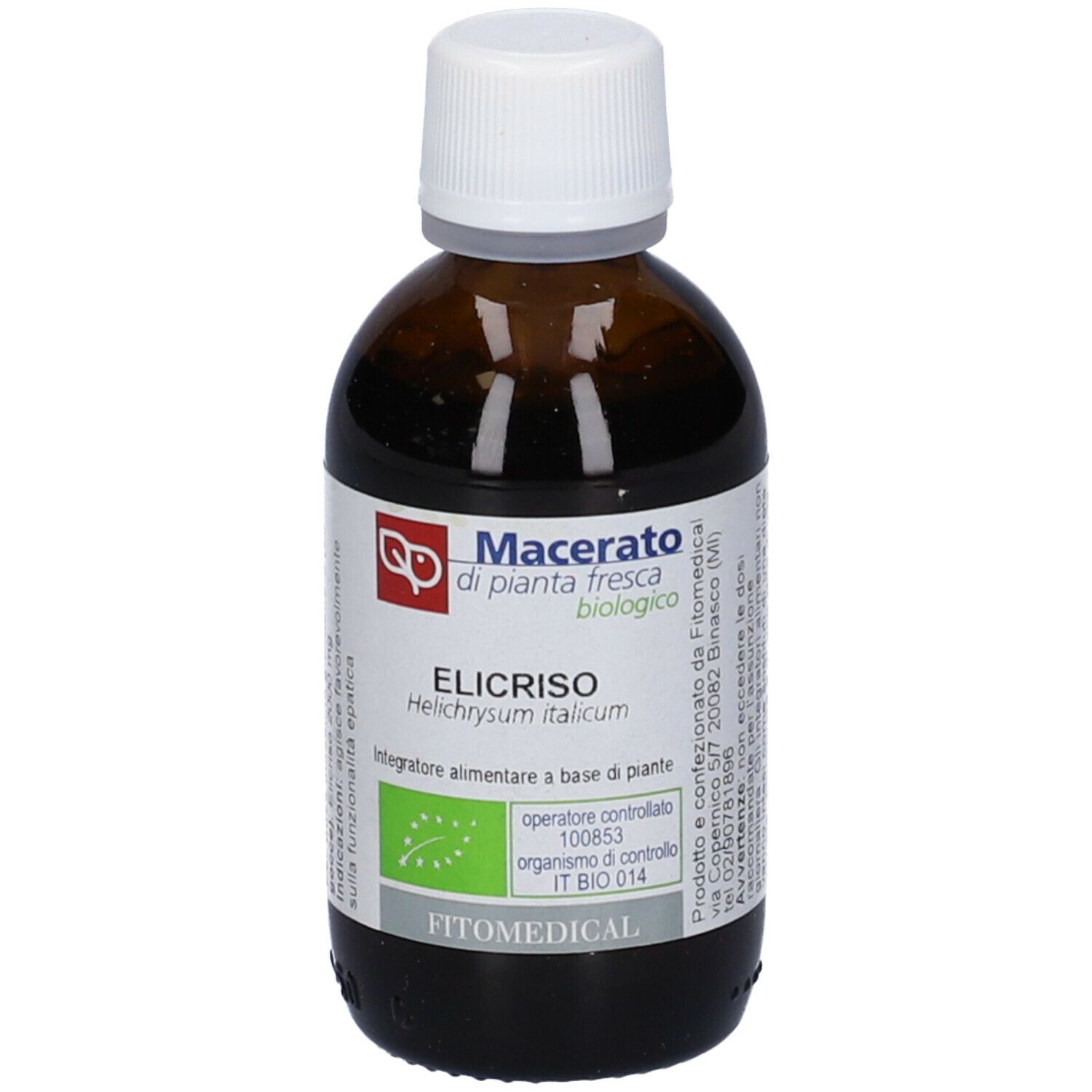 Flacone di vetro marrone con tappo bianco. Etichetta con testo: Macerato di pianta fresca, Elicriso, biologico. Marchio: Fitomedical.