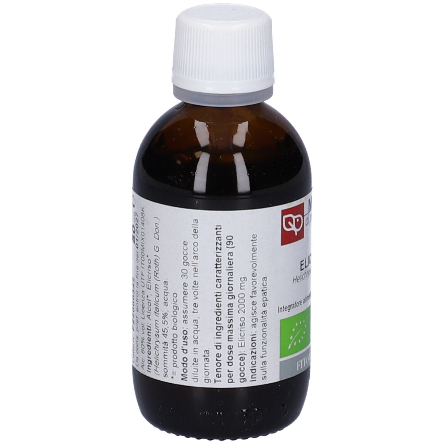 Flacone di vetro marrone con tappo bianco. Etichetta con testo: Macerato di pianta fresca, Elicriso, biologico. Marchio: Fitomedical.