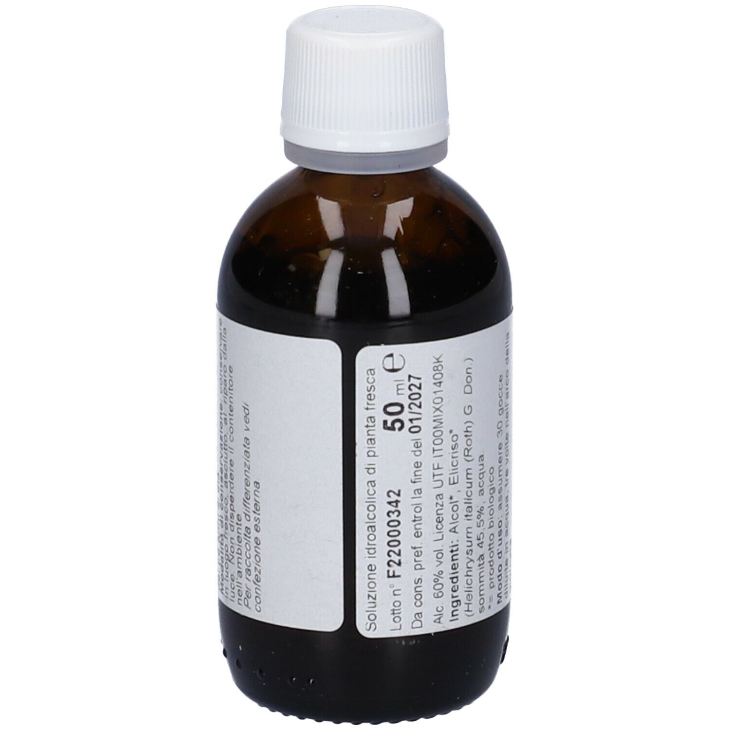 Flacone di vetro marrone con tappo bianco. Etichetta con testo: 50 ml, Elicriso. Marchio: Fitomedical.