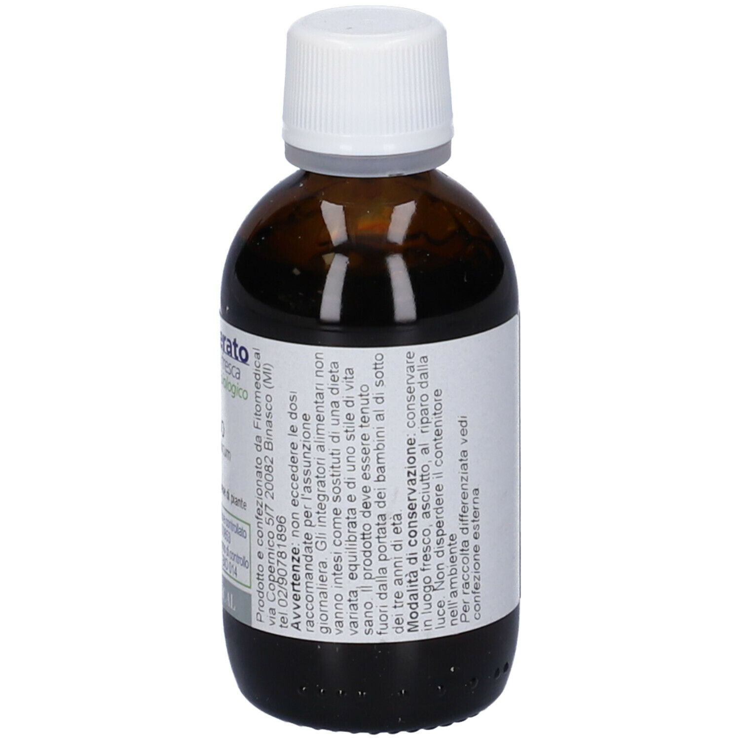 Flacone di vetro marrone con tappo bianco. Etichetta con testo: Macerato di pianta fresca, Elicriso. Marchio: Fitomedical.
