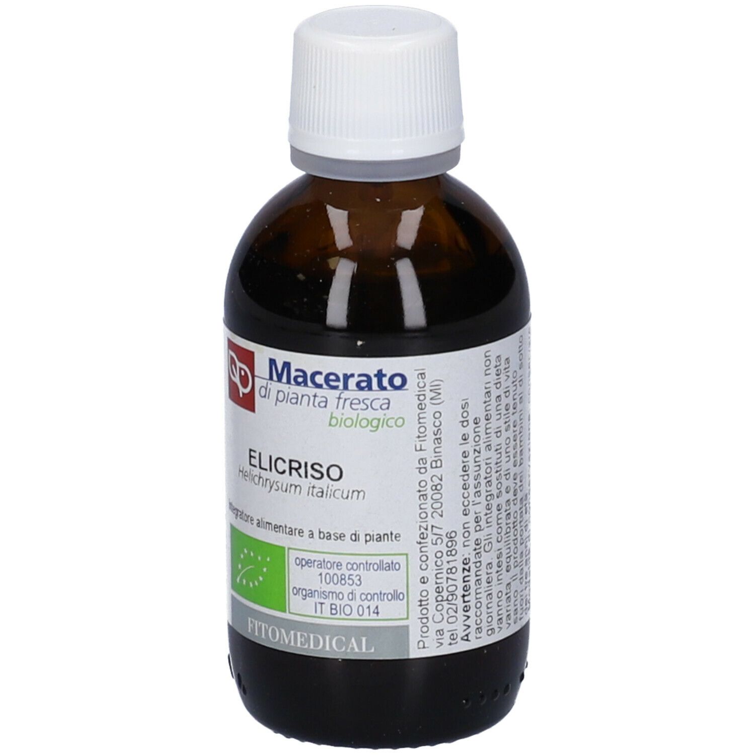Flacone di vetro marrone con tappo bianco. Etichetta con testo: Macerato di pianta fresca, Elicriso, biologico. Marchio: Fitomedical.