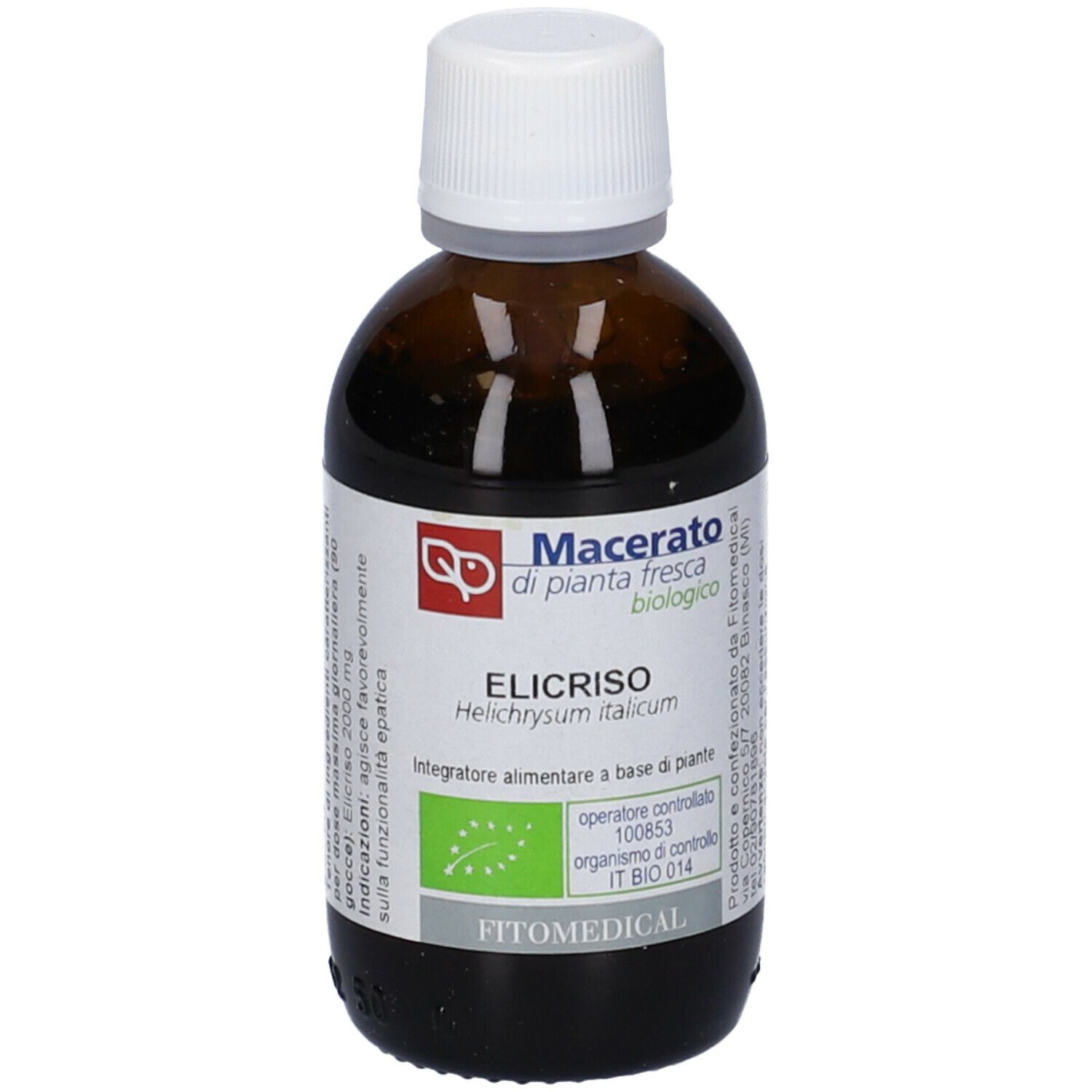 Flacone di vetro marrone con tappo bianco. Etichetta con testo: Macerato di pianta fresca, Elicriso, biologico. Marchio: Fitomedical.