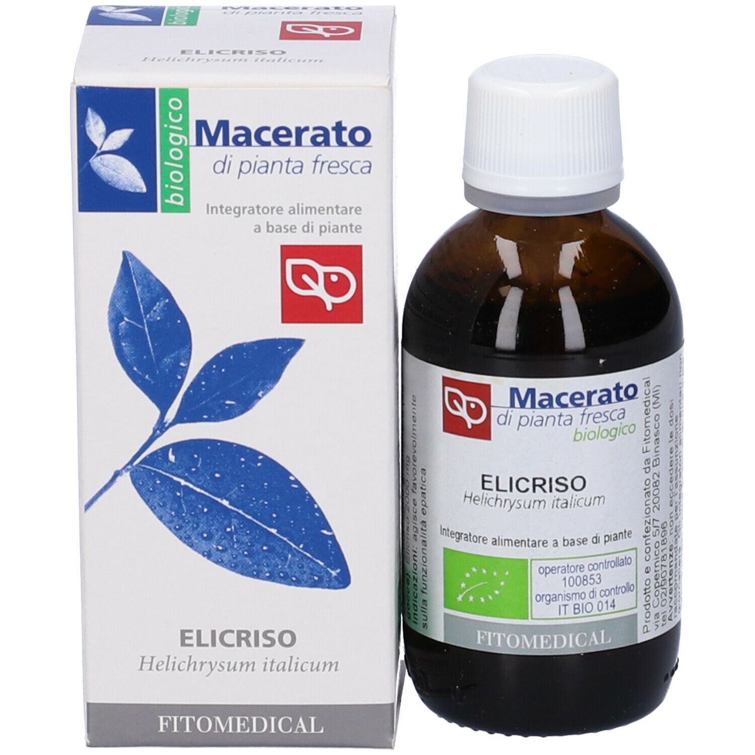 Flacone di vetro marrone e scatola bianca. Sulla scatola: Macerato di pianta fresca, Elicriso, biologico. Marchio: Fitomedical.