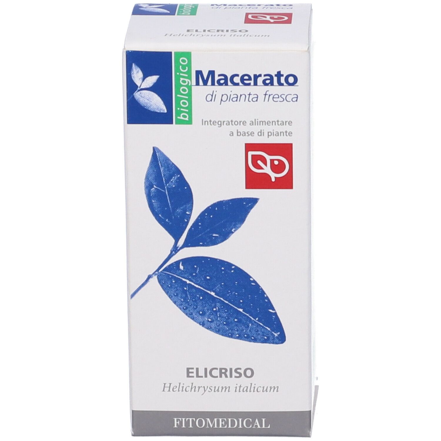 Scatola bianca con motivo a foglia blu. Testo: Macerato di pianta fresca, Elicriso, biologico. Marchio: Fitomedical.