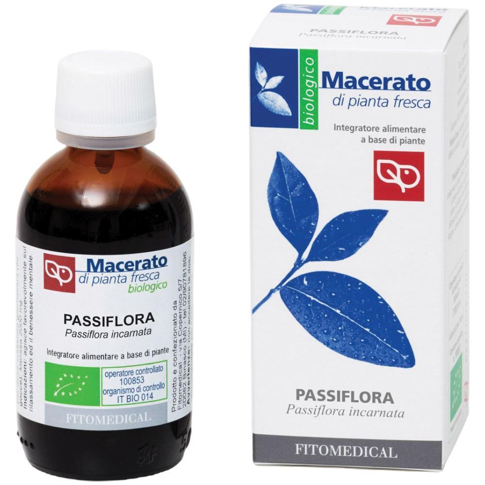Flacone e scatola di vetro marrone. Scritta: Passiflora, Macerato, biologico. Con marchio bio.