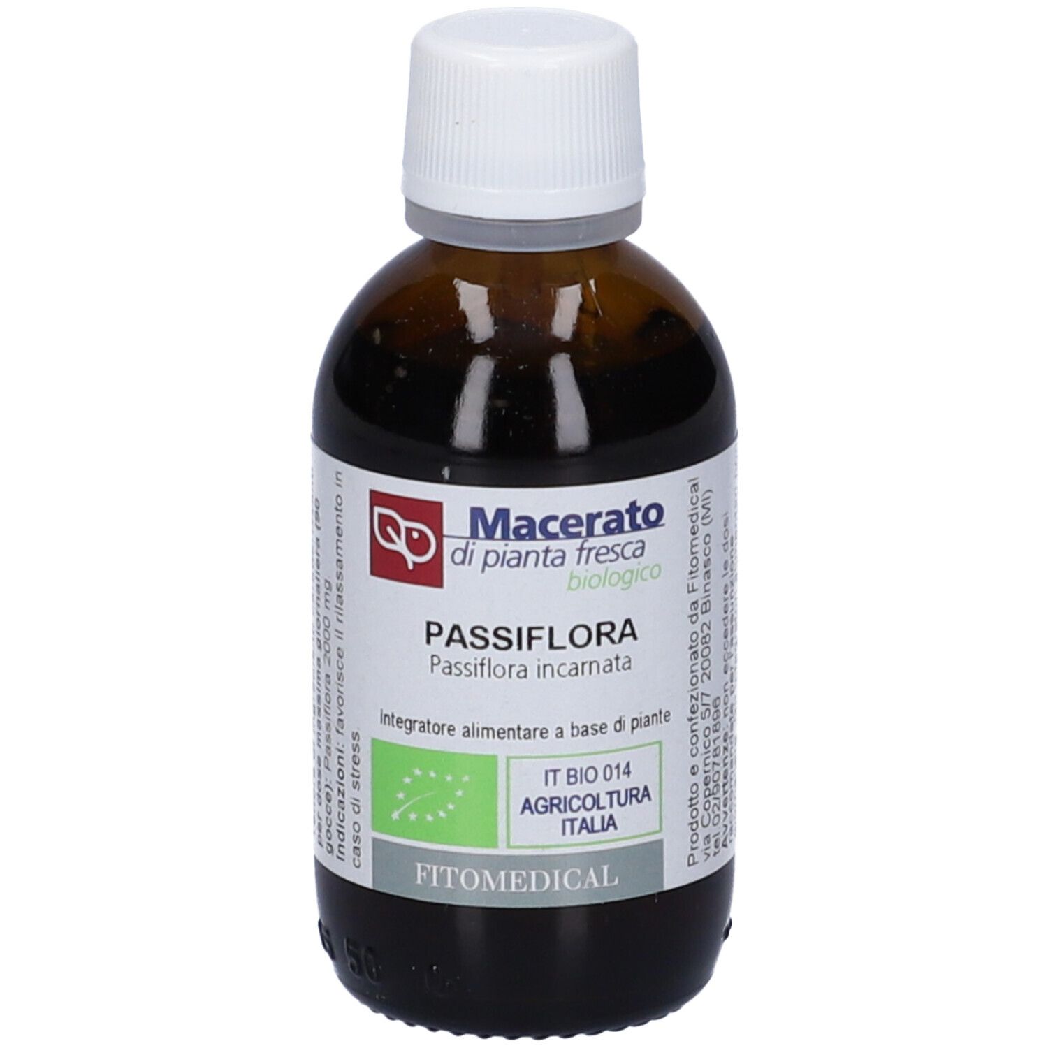 Flacone di vetro marrone con tappo bianco. Scritta: Passiflora, Macerato, biologico. Con marchio bio.