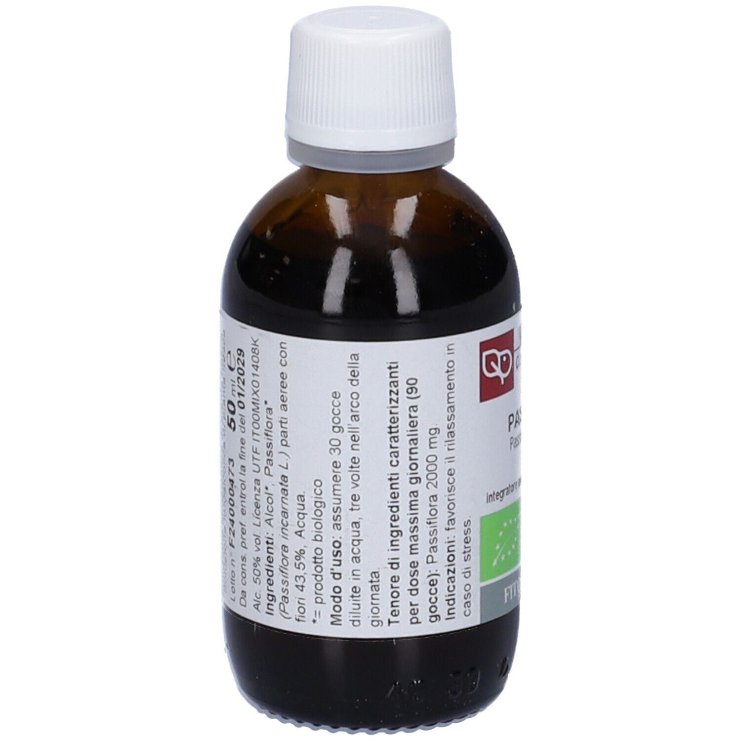Flacone di vetro marrone con tappo bianco. Scritta: Passiflora, Macerato, biologico. Con marchio bio.