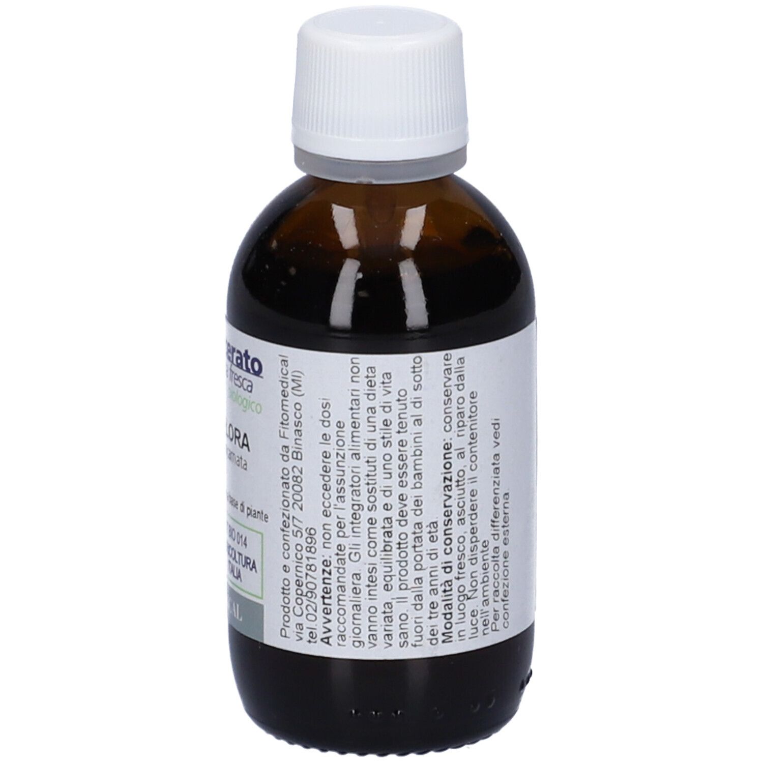 Flacone di vetro marrone con tappo bianco. Scritta: Passiflora, Macerato, biologico. Con marchio bio.