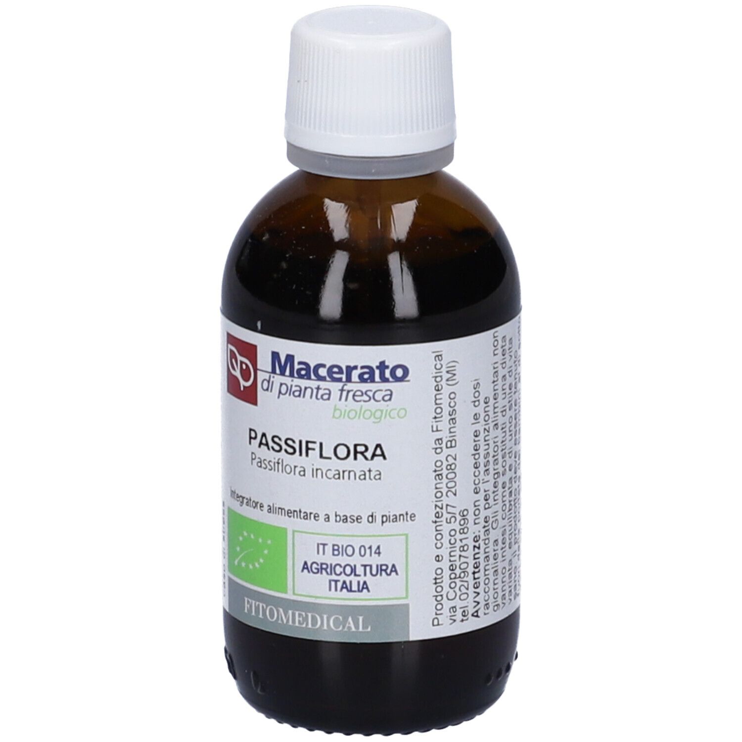 Flacone di vetro marrone con tappo bianco. Scritta: Passiflora, Macerato, biologico. Con marchio bio.