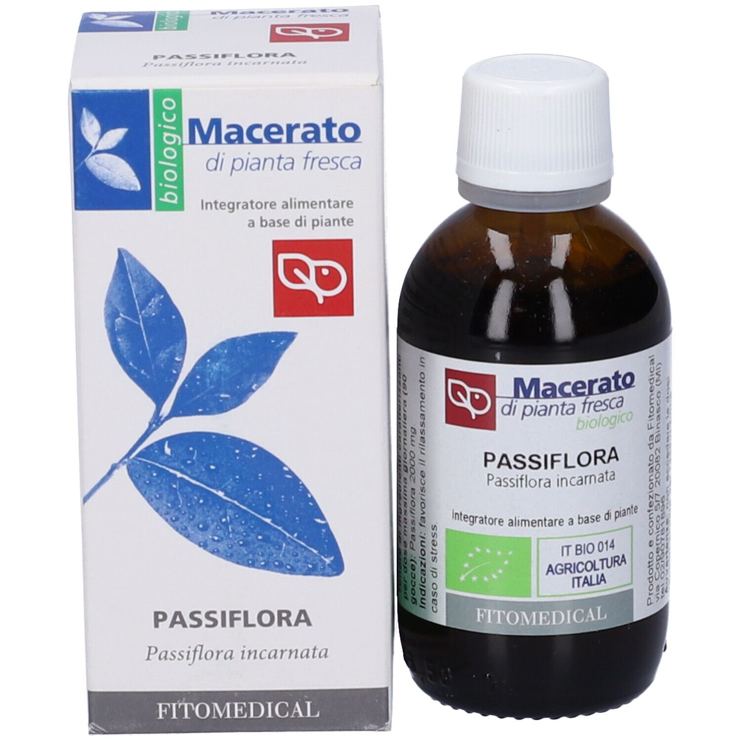 Flacone e scatola di vetro marrone. Scritta: Passiflora, Macerato, biologico. Con marchio bio.