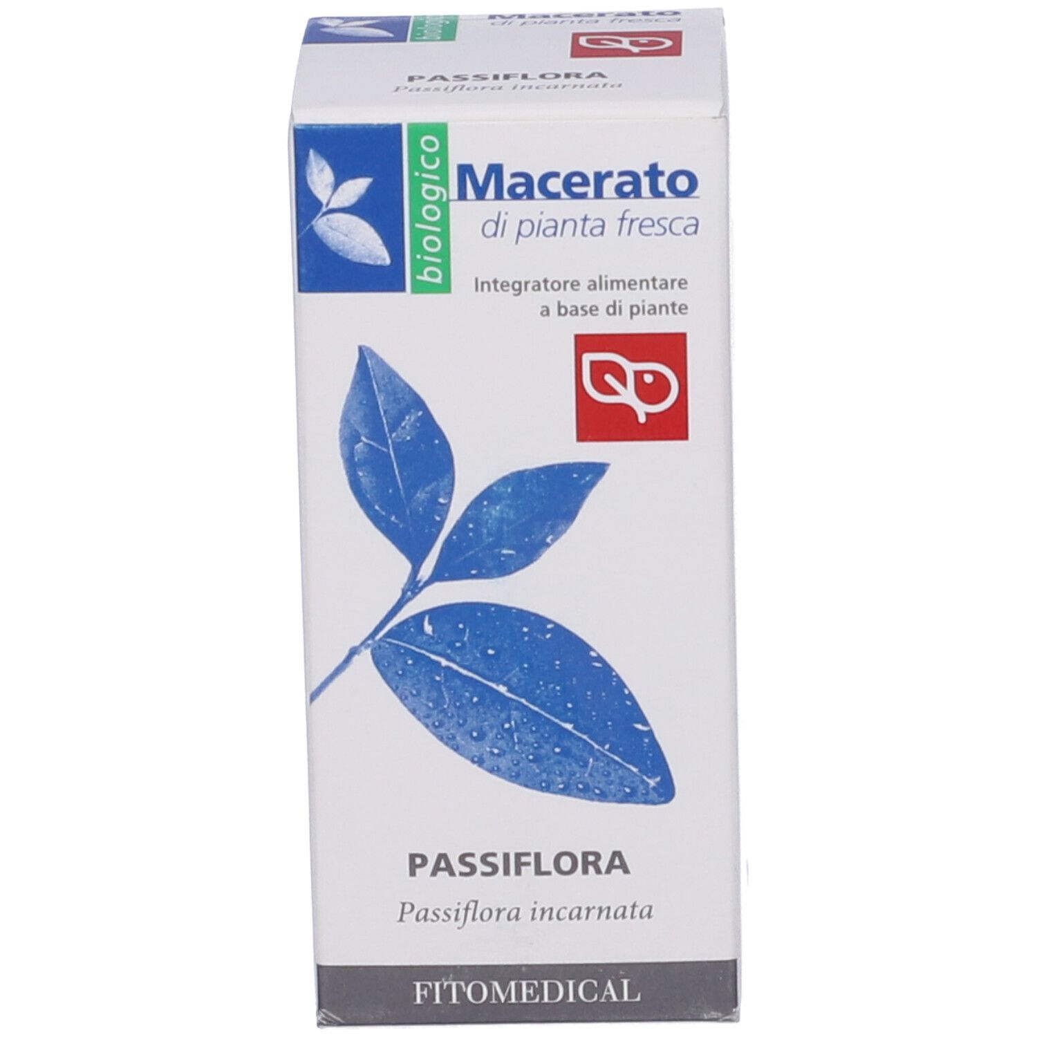 Scatola con scritta: Passiflora, Macerato, biologico. Con marchio bio.