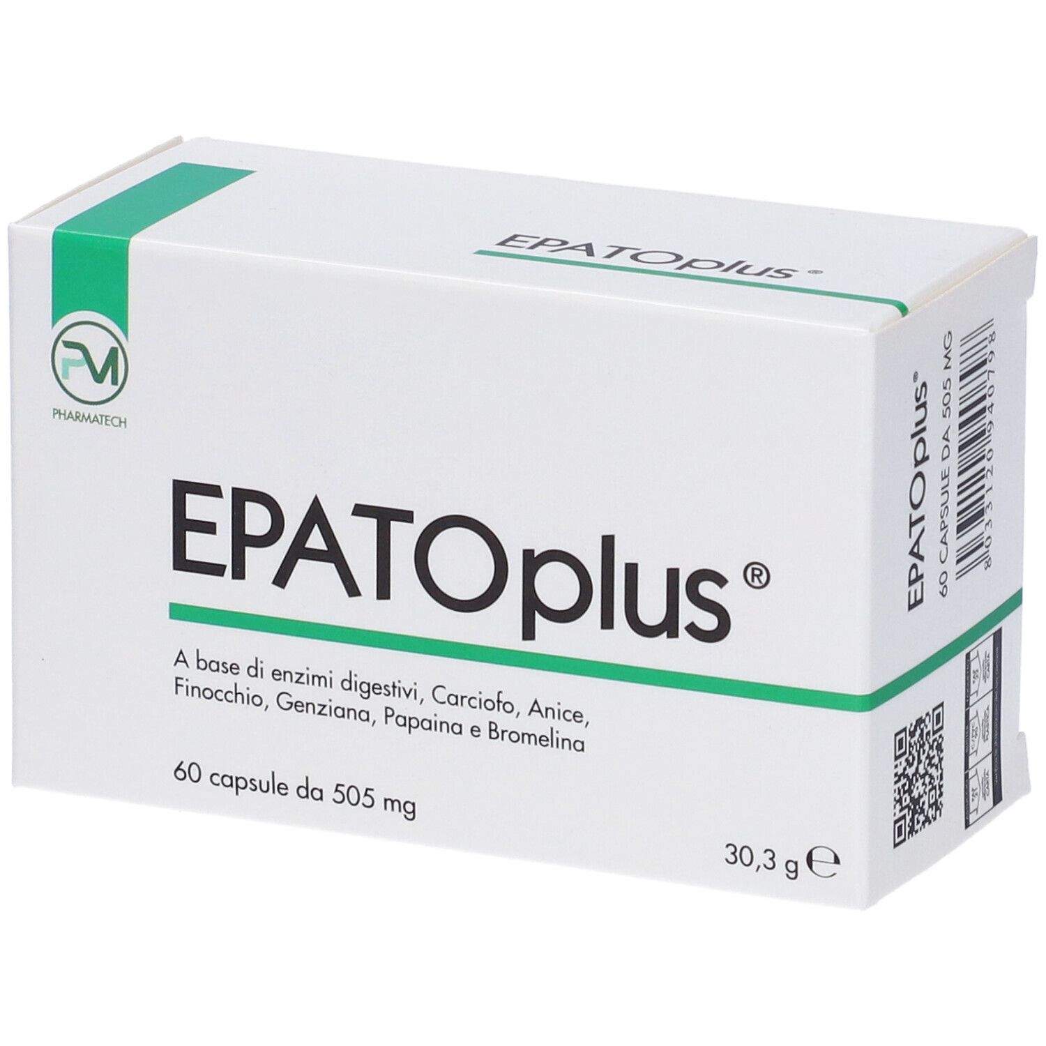 Scatola bianca con fascia verde. Scritta: EPATOplus. Contiene 60 capsule. 505 mg per capsula.
