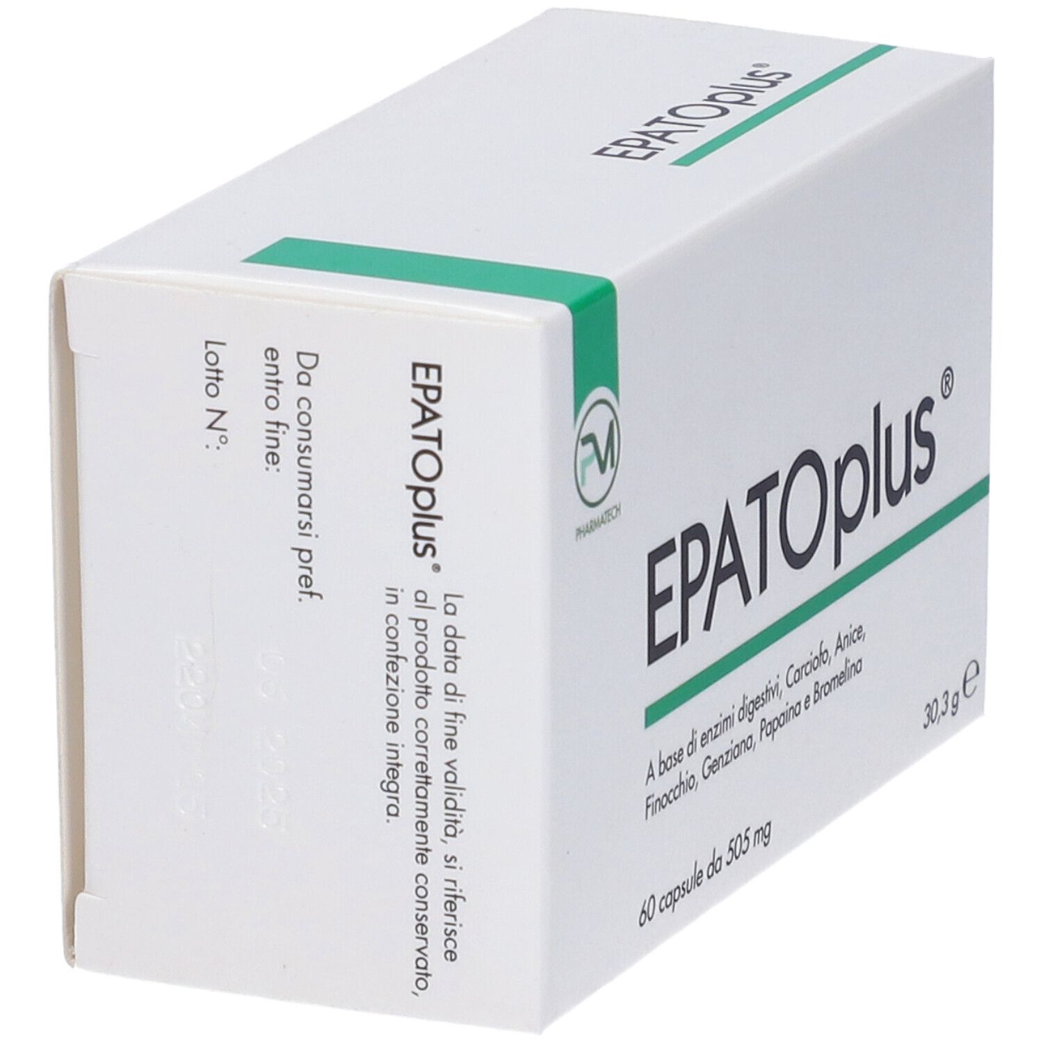 Scatola bianca con fascia verde. Scritta: EPATOplus. Contiene 60 capsule. 505 mg per capsula.