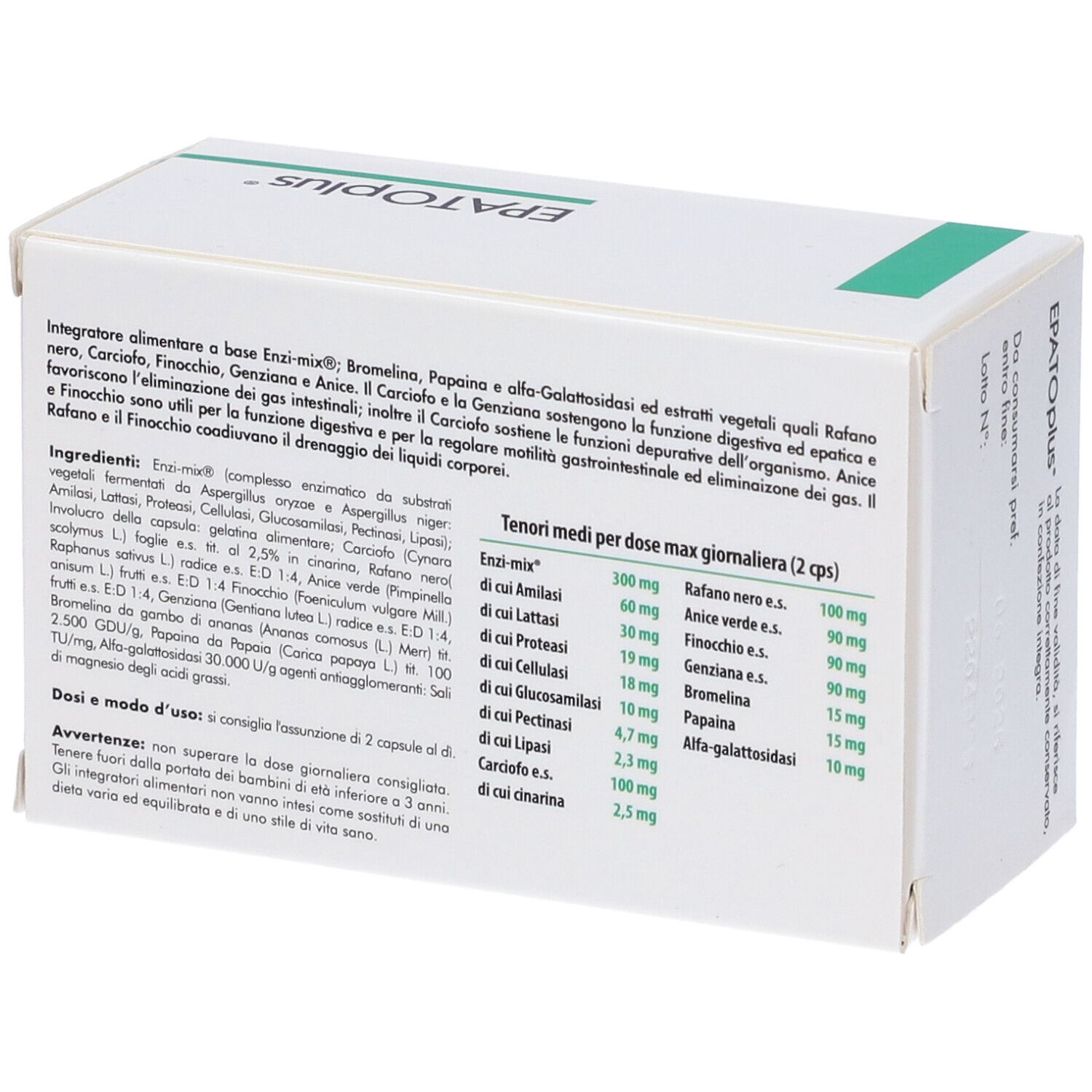 Scatola bianca con fascia verde. Retro con ingredienti e informazioni nutrizionali. Testo in italiano.