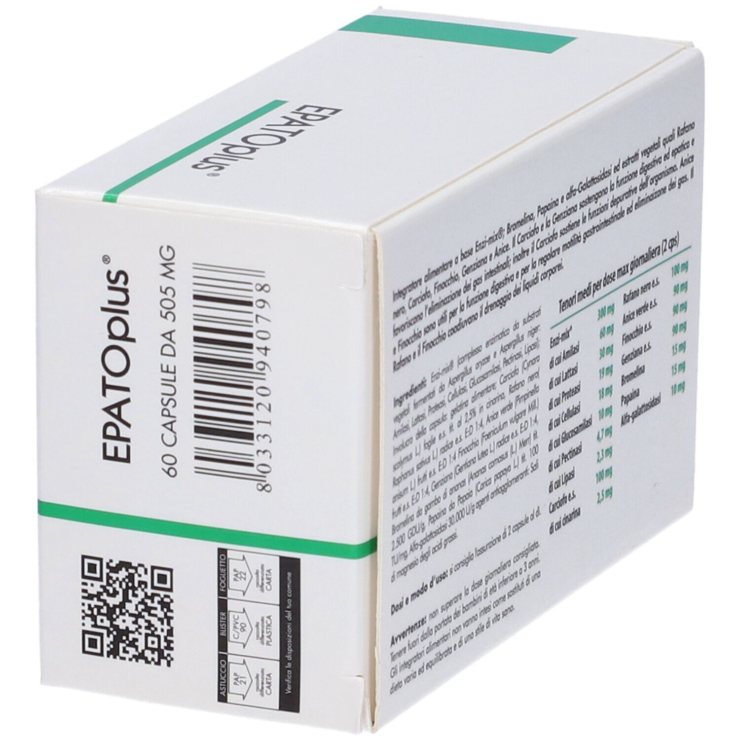 Scatola bianca con fascia verde. Scritta: EPATOplus. Contiene 60 capsule. 505 mg per capsula. Codice a barre.