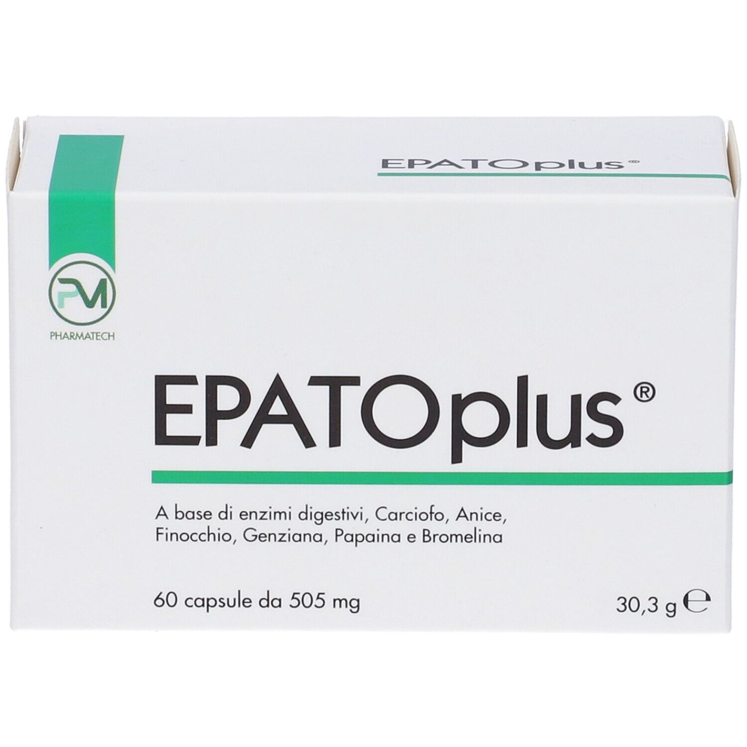 Scatola bianca con fascia verde. Scritta: EPATOplus. Contiene 60 capsule. 505 mg per capsula.