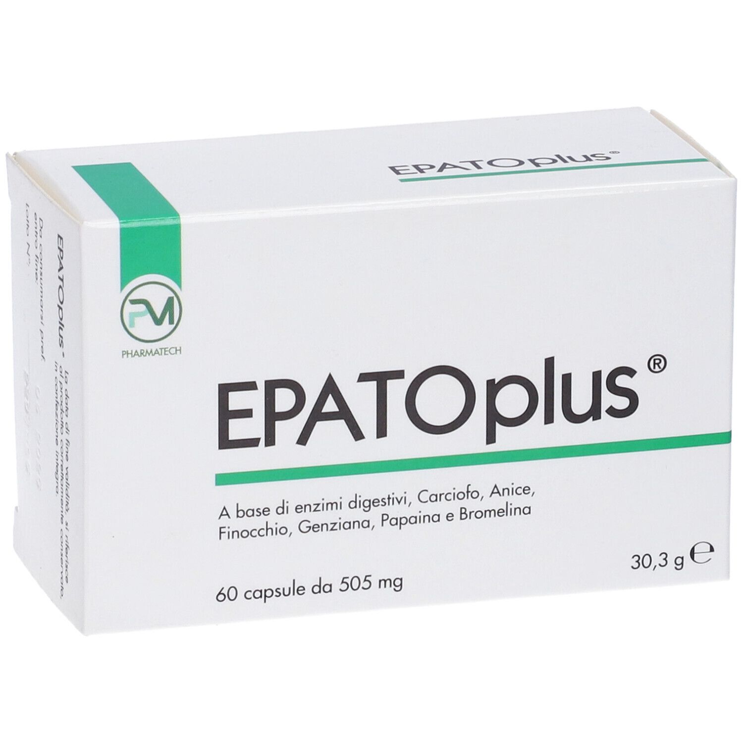 Scatola bianca con fascia verde. Scritta: EPATOplus. Contiene 60 capsule. 505 mg per capsula.