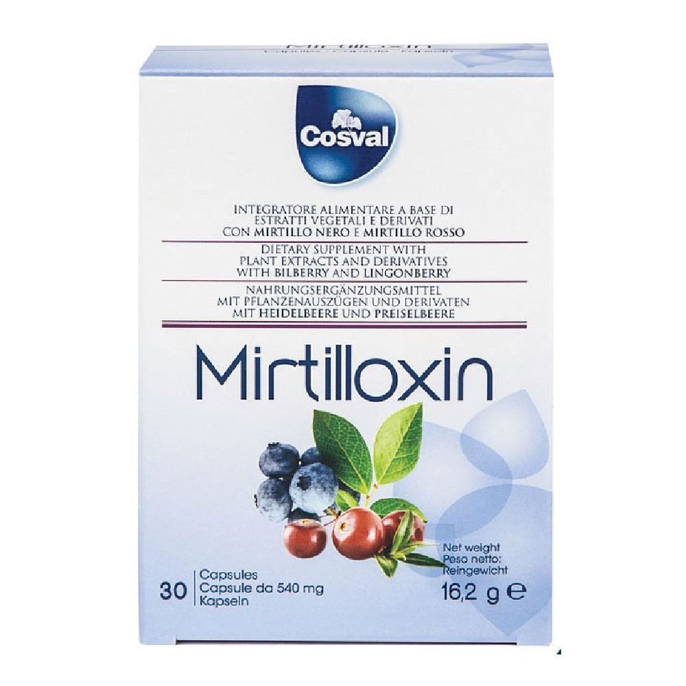 Scatola di Mirtilloxin. Scritto: Integratore alimentare con mirtillo e mirtillo rosso. 30 capsule.