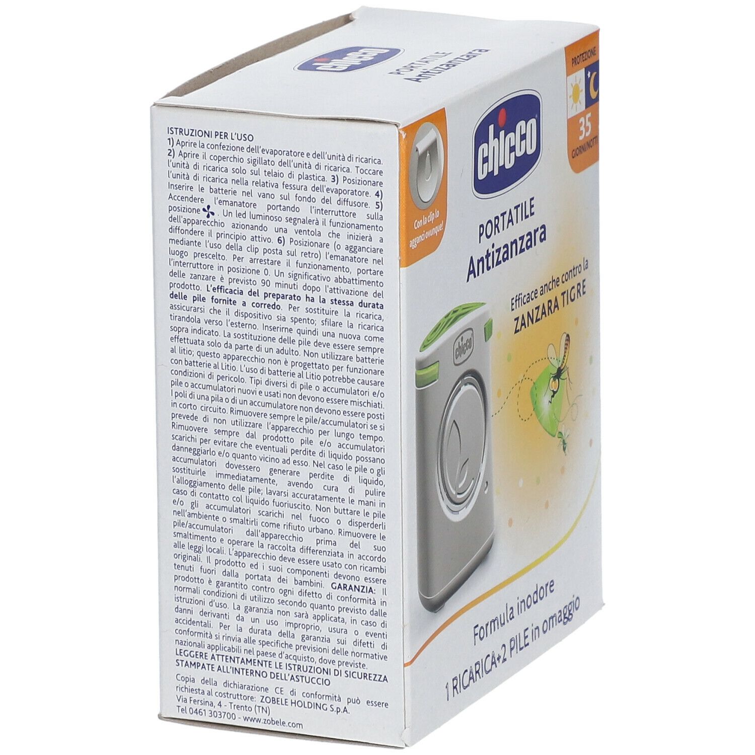 Confezione del dispositivo antizanzara portatile. Istruzioni e avvertenze. Logo Chicco e nome del prodotto visibili.