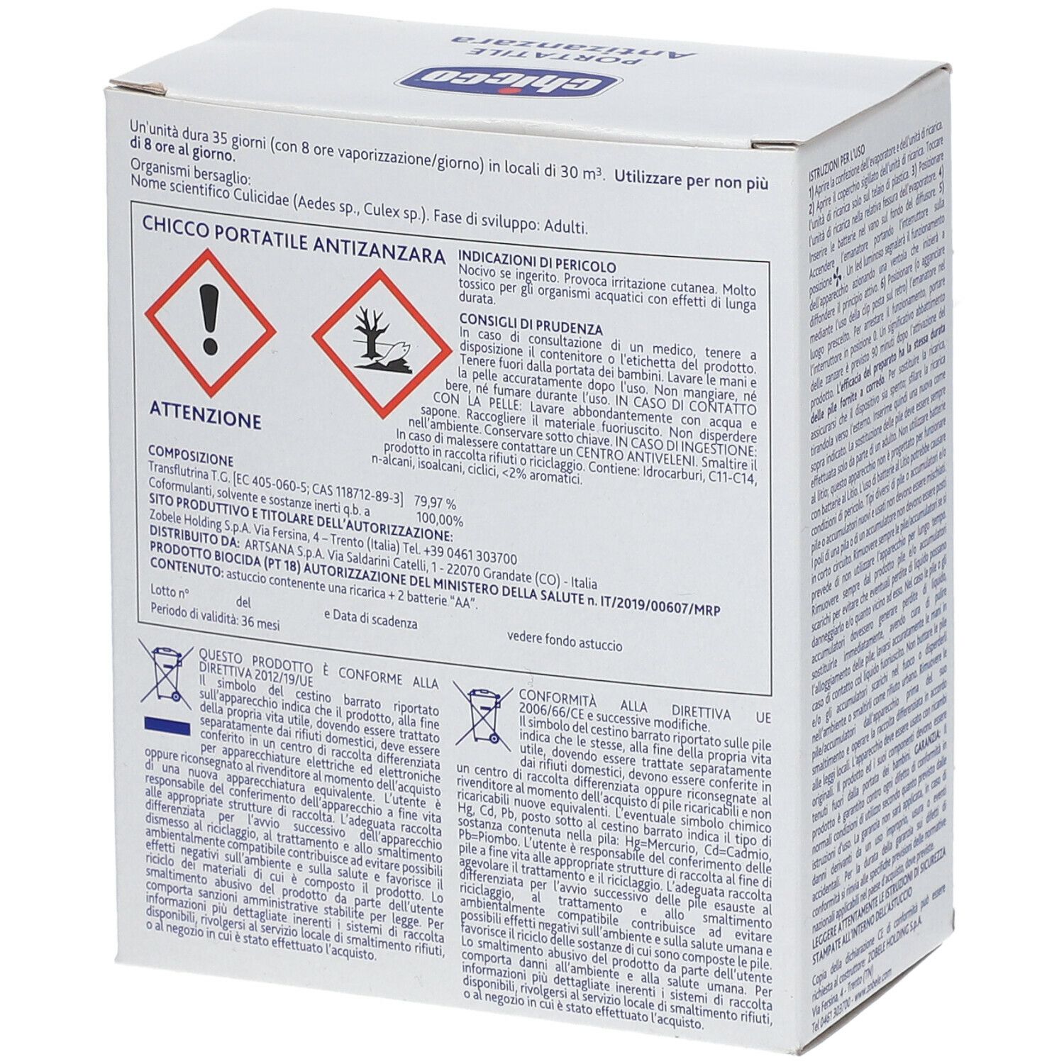 Retro della confezione del dispositivo antizanzara portatile. Avvertenze, ingredienti e informazioni di sicurezza.