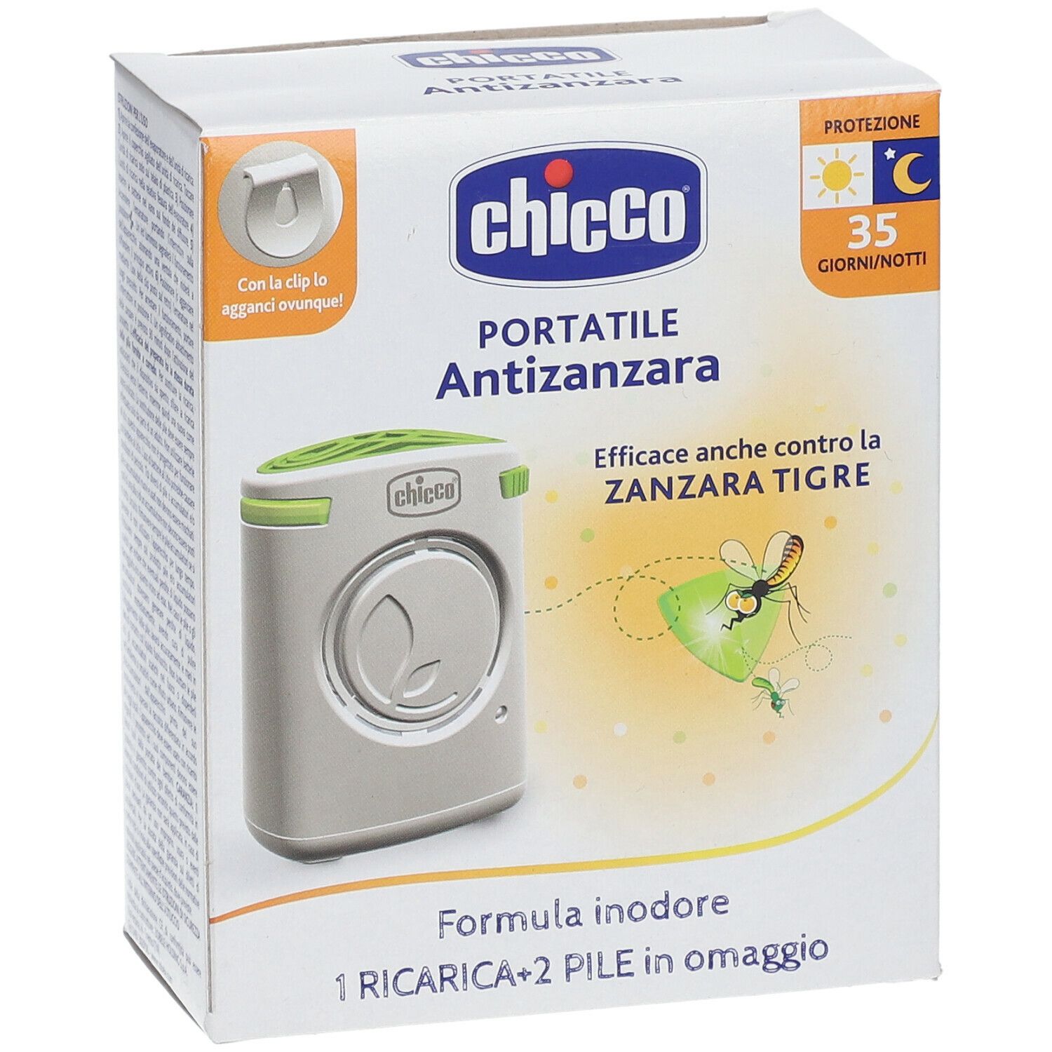 Confezione del dispositivo antizanzara portatile. Logo Chicco, nome prodotto, illustrazione zanzara. Contiene 1 ricarica e 2 pile.