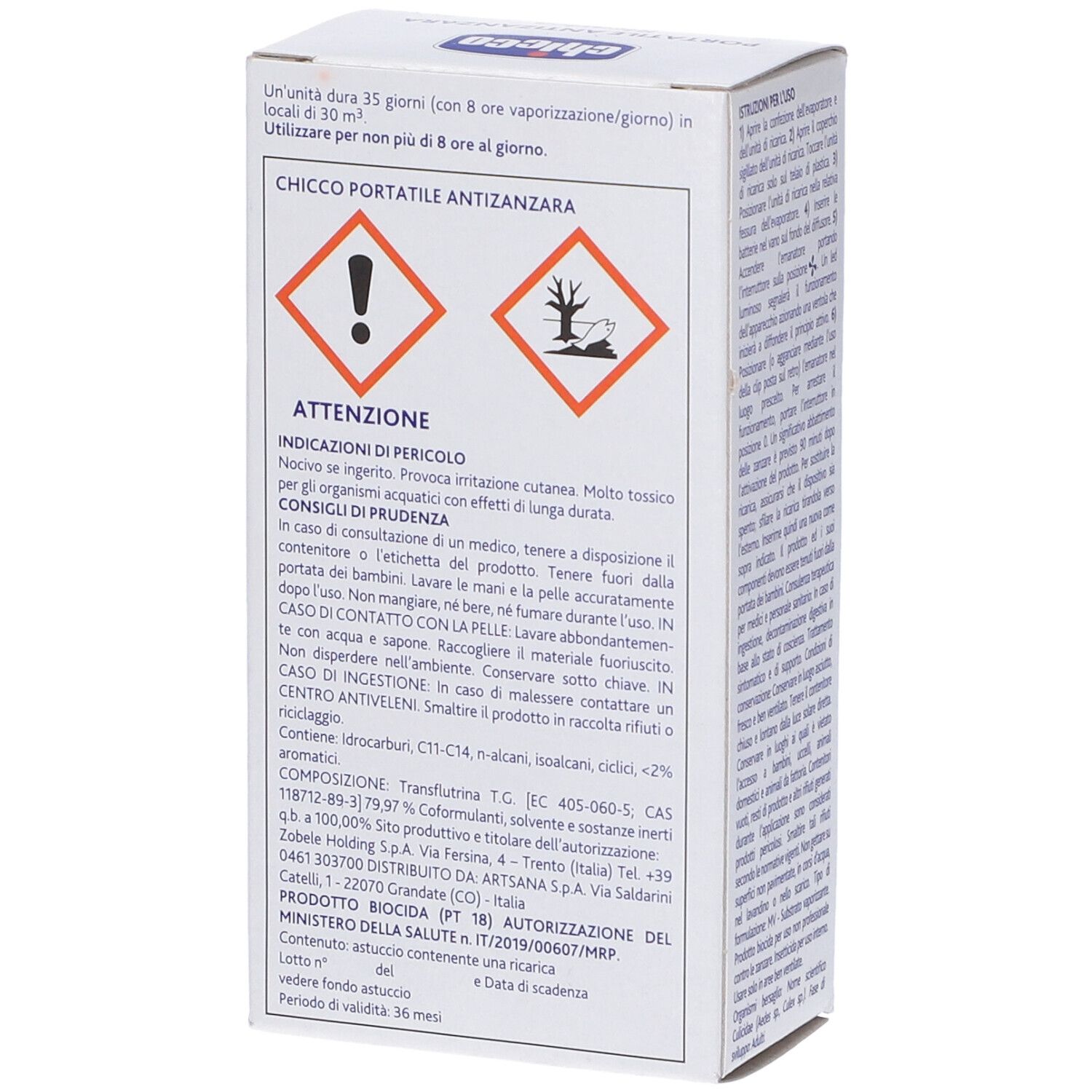 Ricarica Chicco. Scatola con ricarica antizanzare verde. Protezione 35 giorni/notti. Portatile Antizanzara Ricarica.