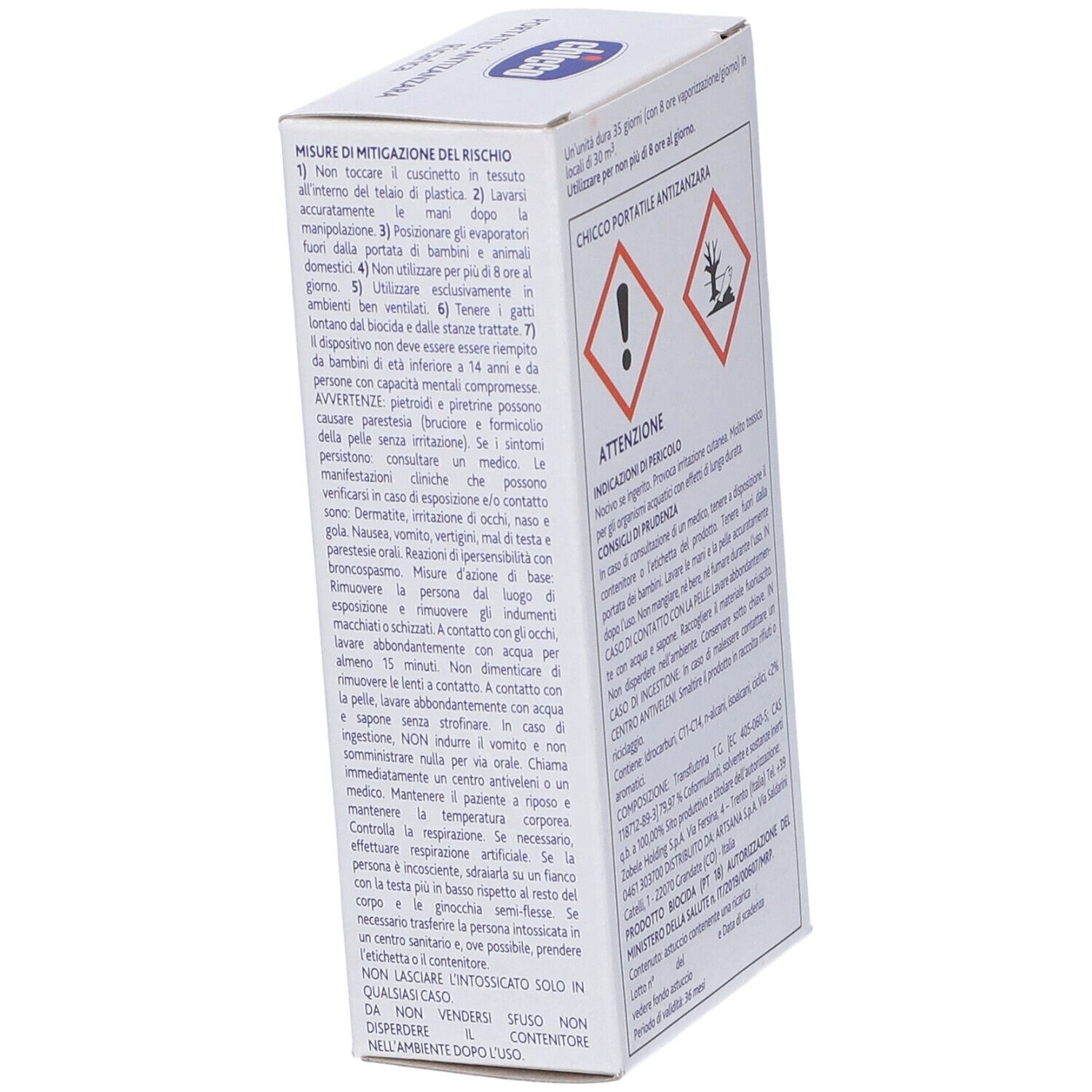 Retro della ricarica Chicco. Avvertenze e ingredienti. Portatile Antizanzara Ricarica. Protezione 35 giorni/notti.