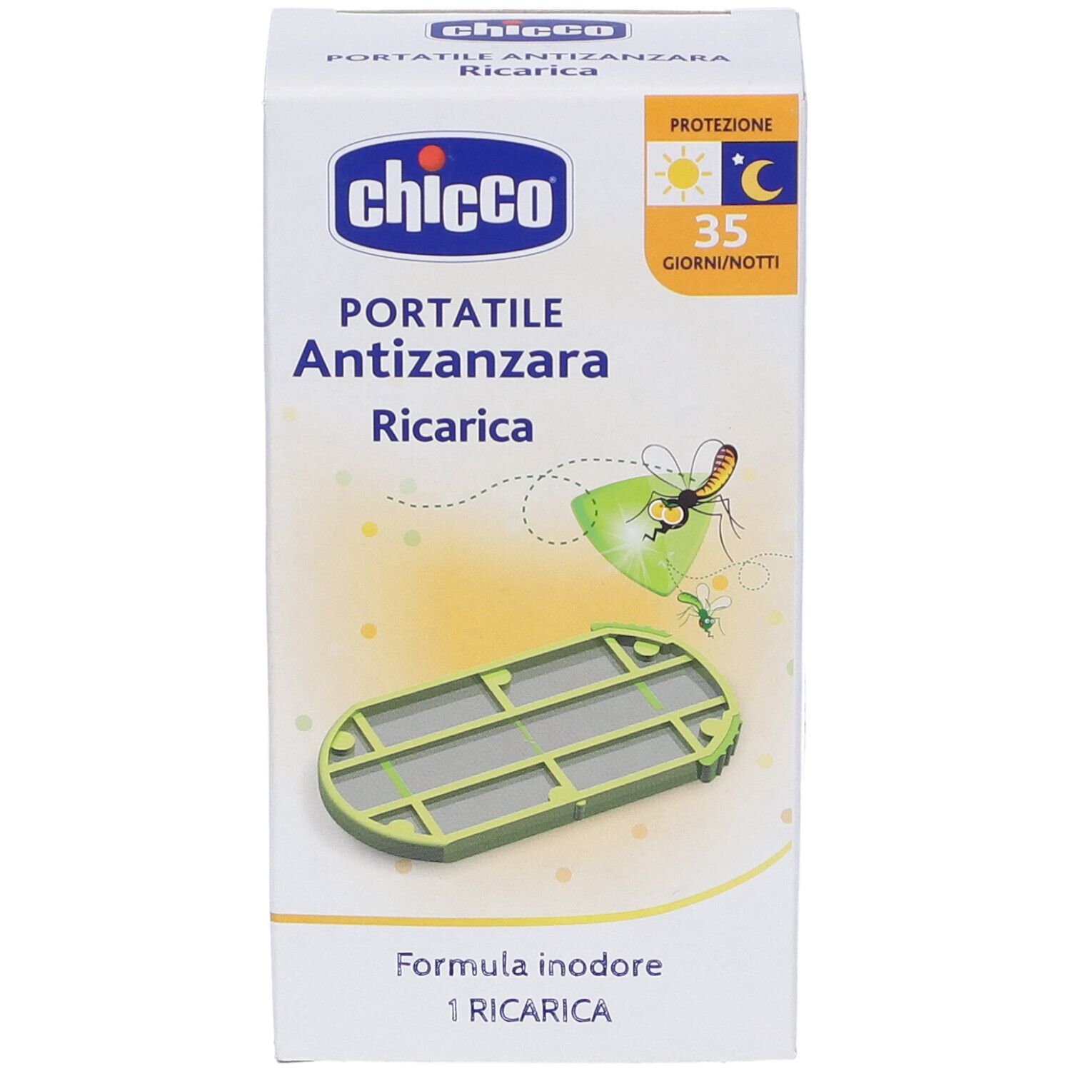 Lato della ricarica Chicco. Avvertenze e ingredienti. Portatile Antizanzara Ricarica. Protezione 35 giorni/notti.