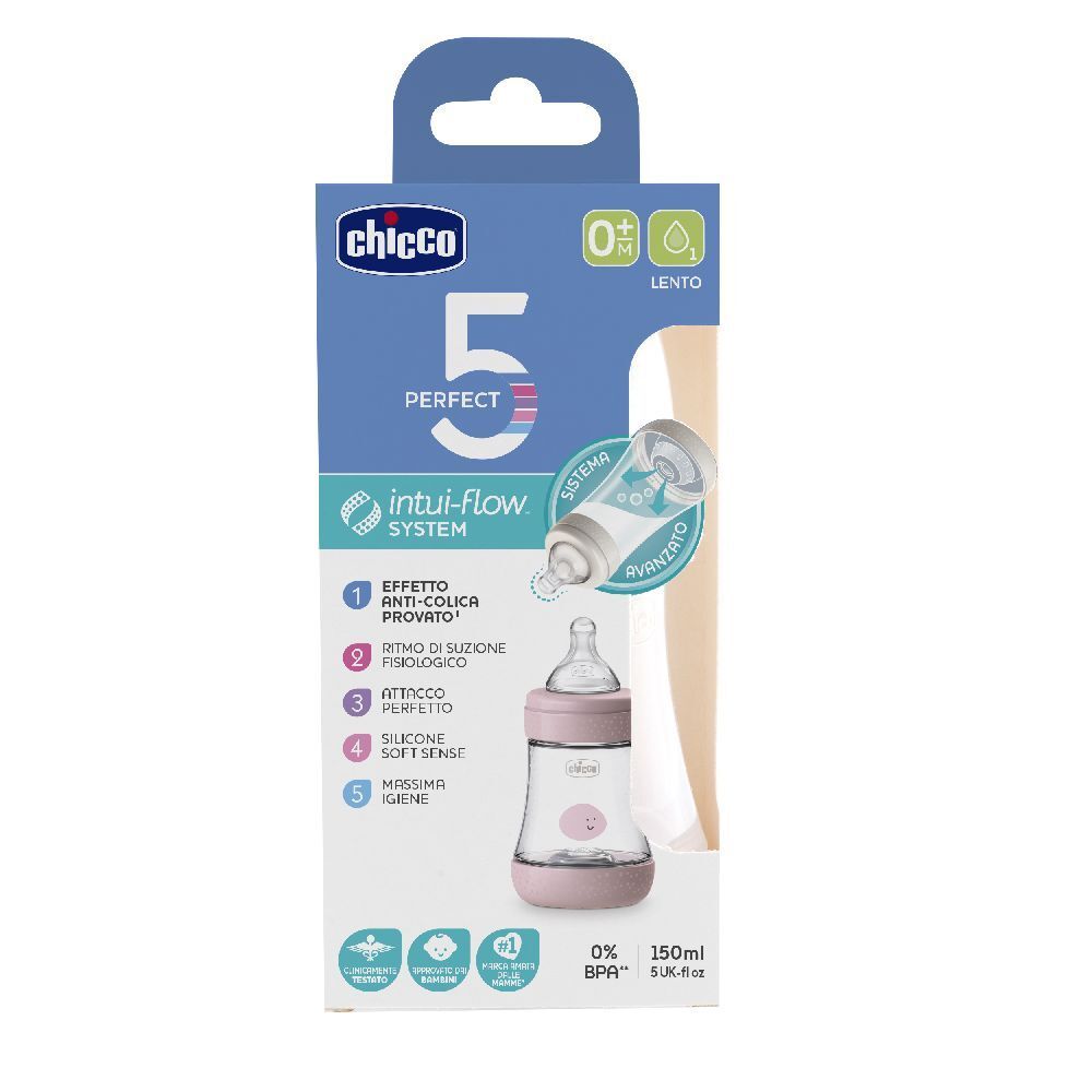 Biberon Chicco PERFECT 5 dans son emballage. Biberon rose-transparent avec tétine. Emballage avec informations produit.