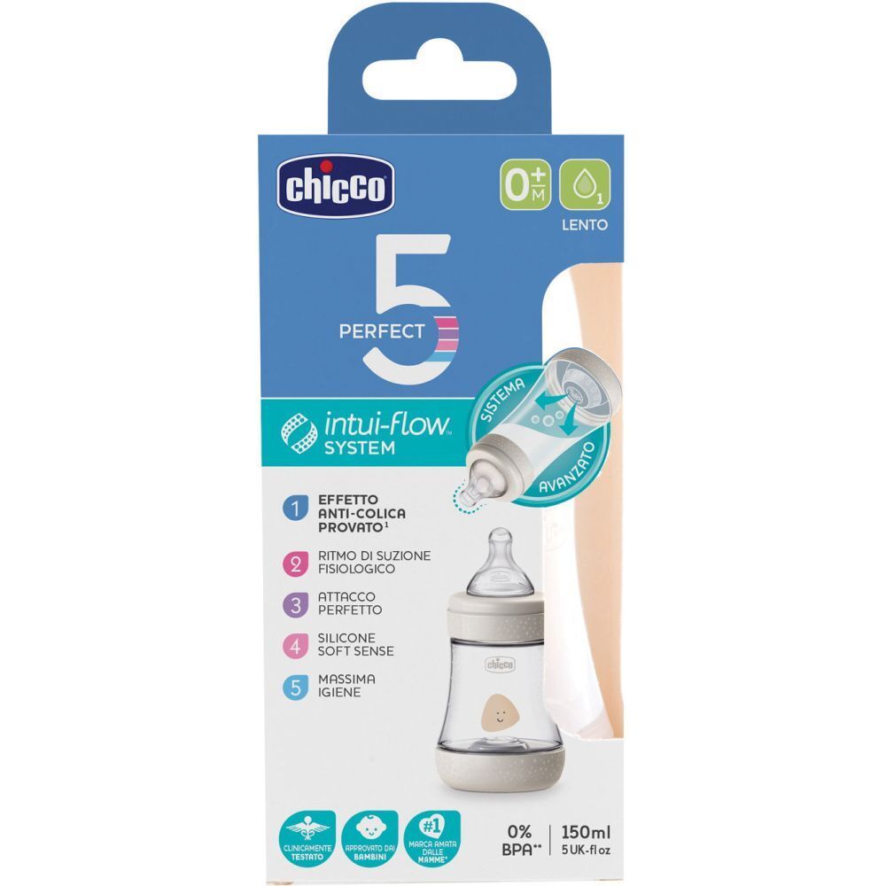 Biberon Chicco Perfect 5 in confezione. Tettarella in silicone, 1 foro. Confezione con informazioni sul prodotto.