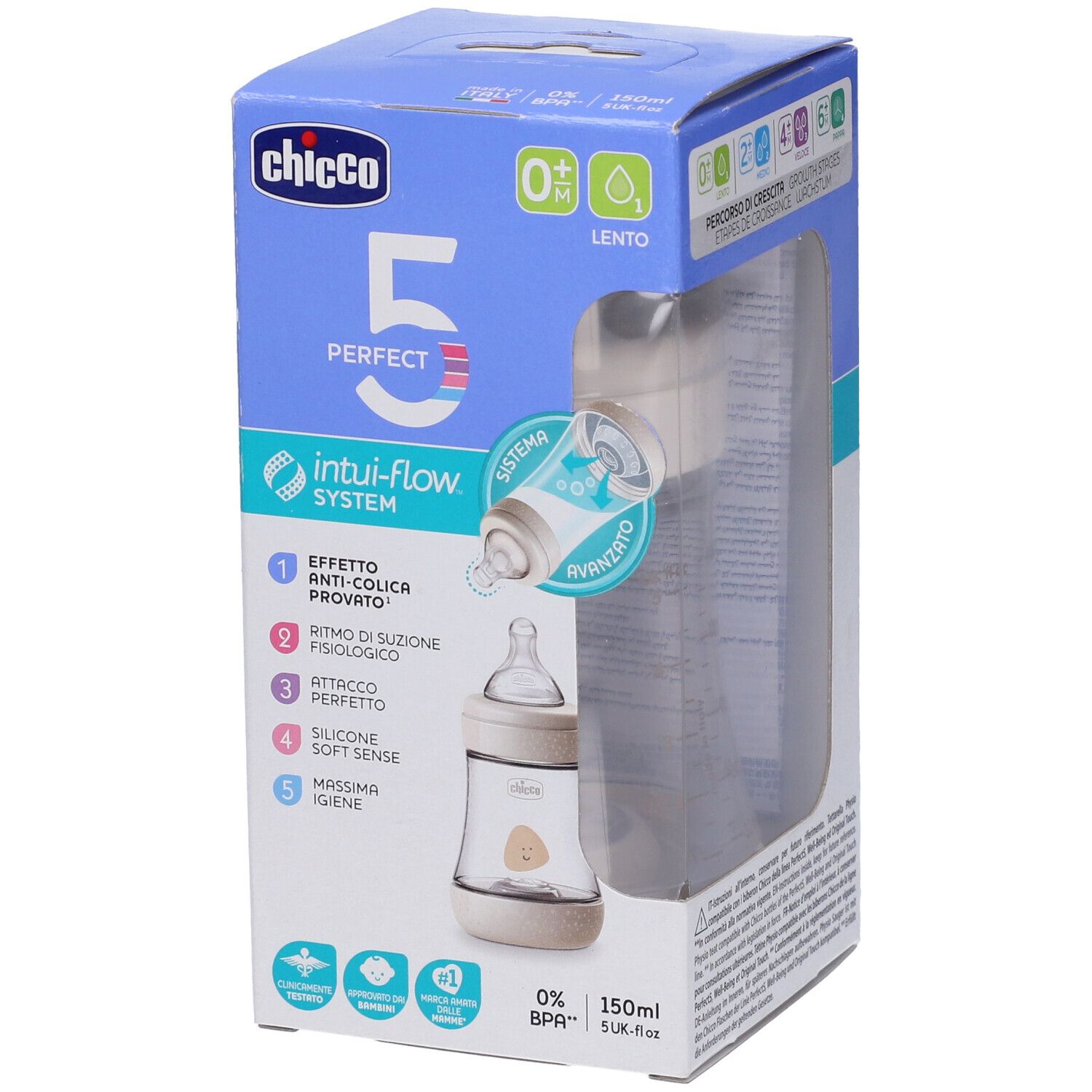 Biberon Chicco Perfect 5 in confezione. Tettarella in silicone, 1 foro. Confezione con informazioni sul prodotto.