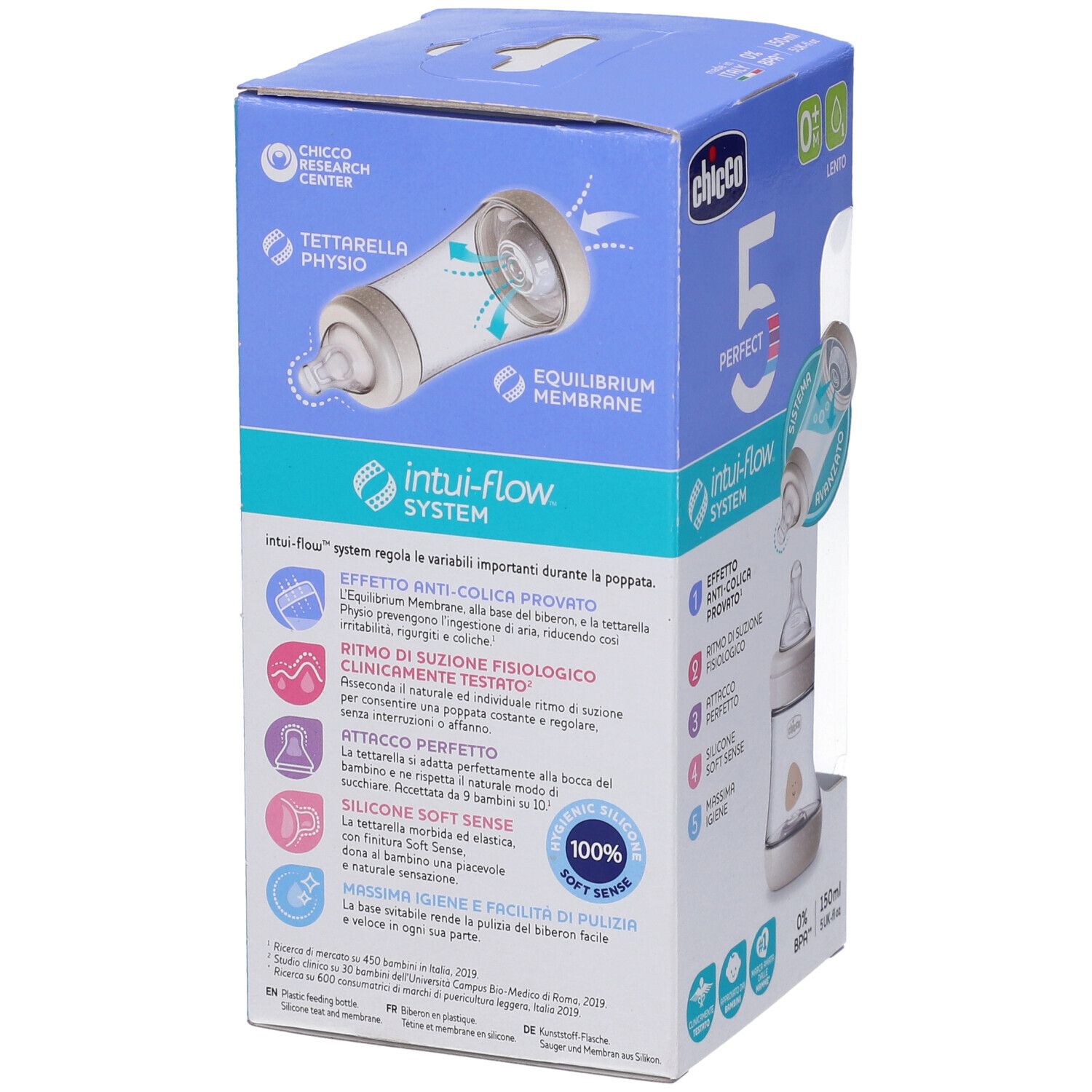 Confezione del biberon Chicco Perfect 5. Informazioni sul prodotto, biberon con tettarella in silicone, 1 foro. Sistema Intui-Flow.
