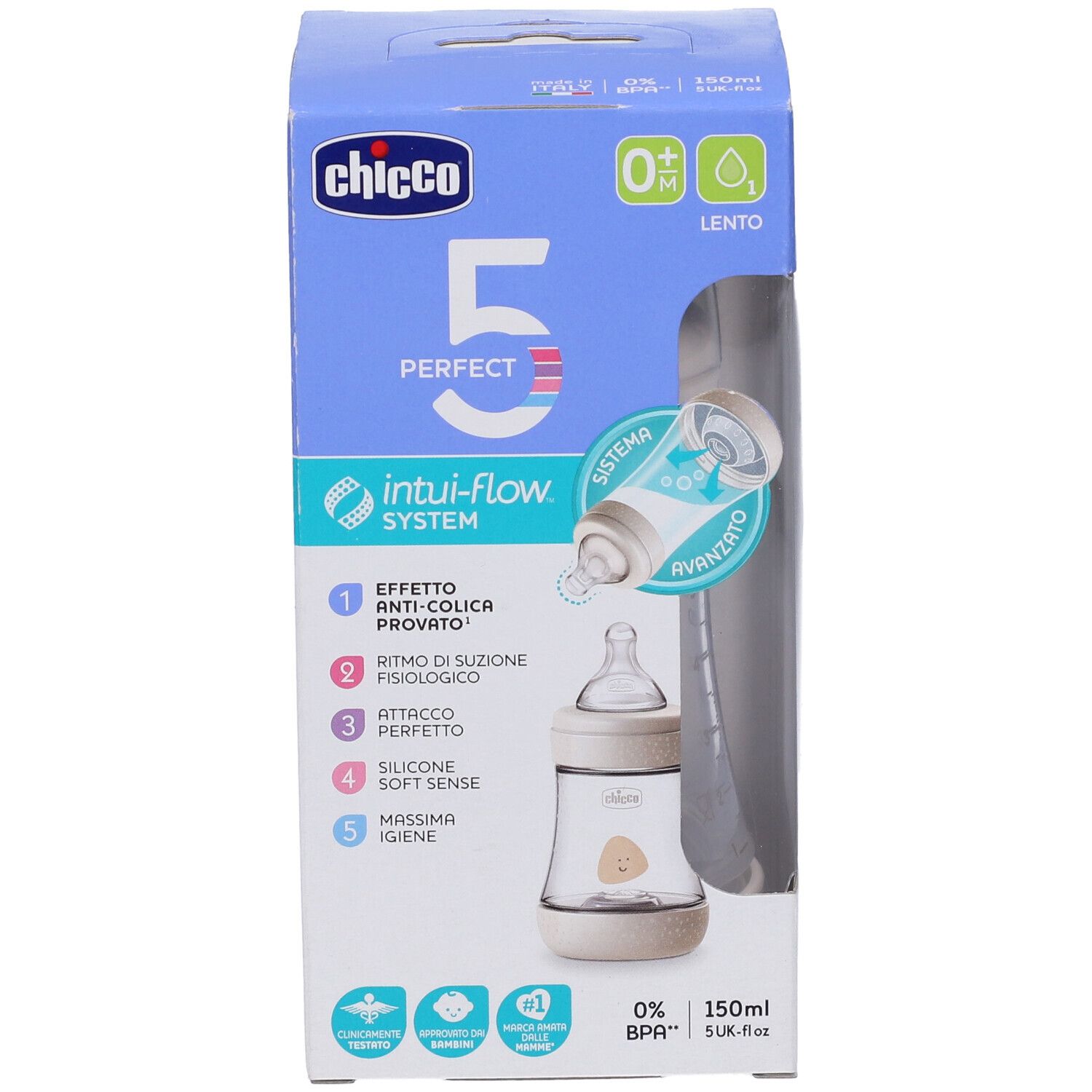 Biberon Chicco Perfect 5 in confezione. Tettarella in silicone, 1 foro. Confezione con informazioni sul prodotto.