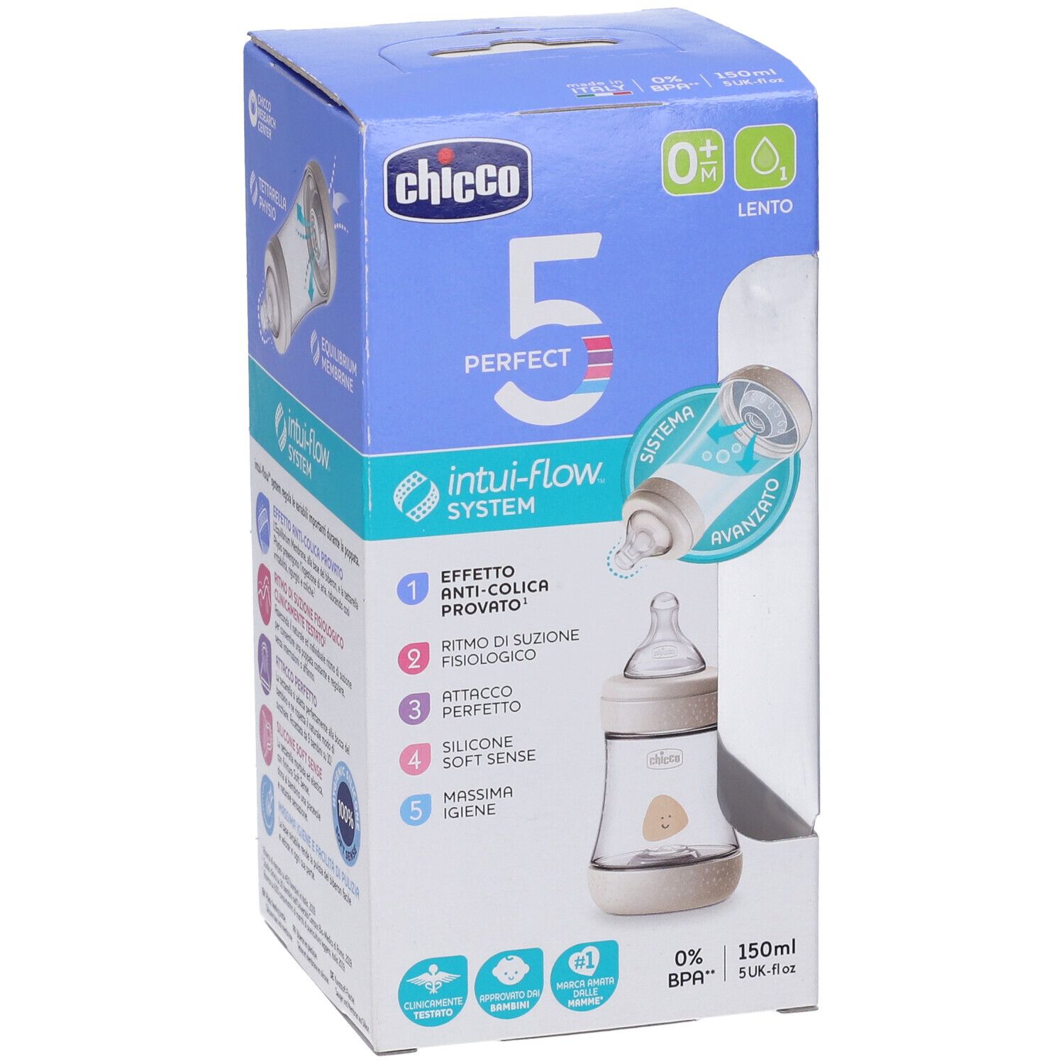 Biberon Chicco Perfect 5 in confezione. Tettarella in silicone, 1 foro. Confezione con informazioni sul prodotto.