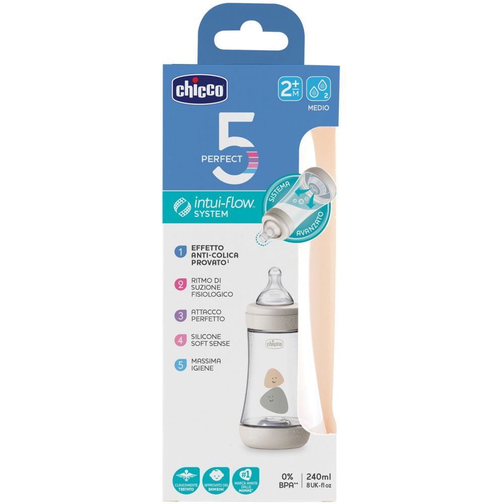 Biberon Chicco Perfect 5 in confezione. Tettarella in silicone, 2 fori. Informazioni sul prodotto sulla confezione.