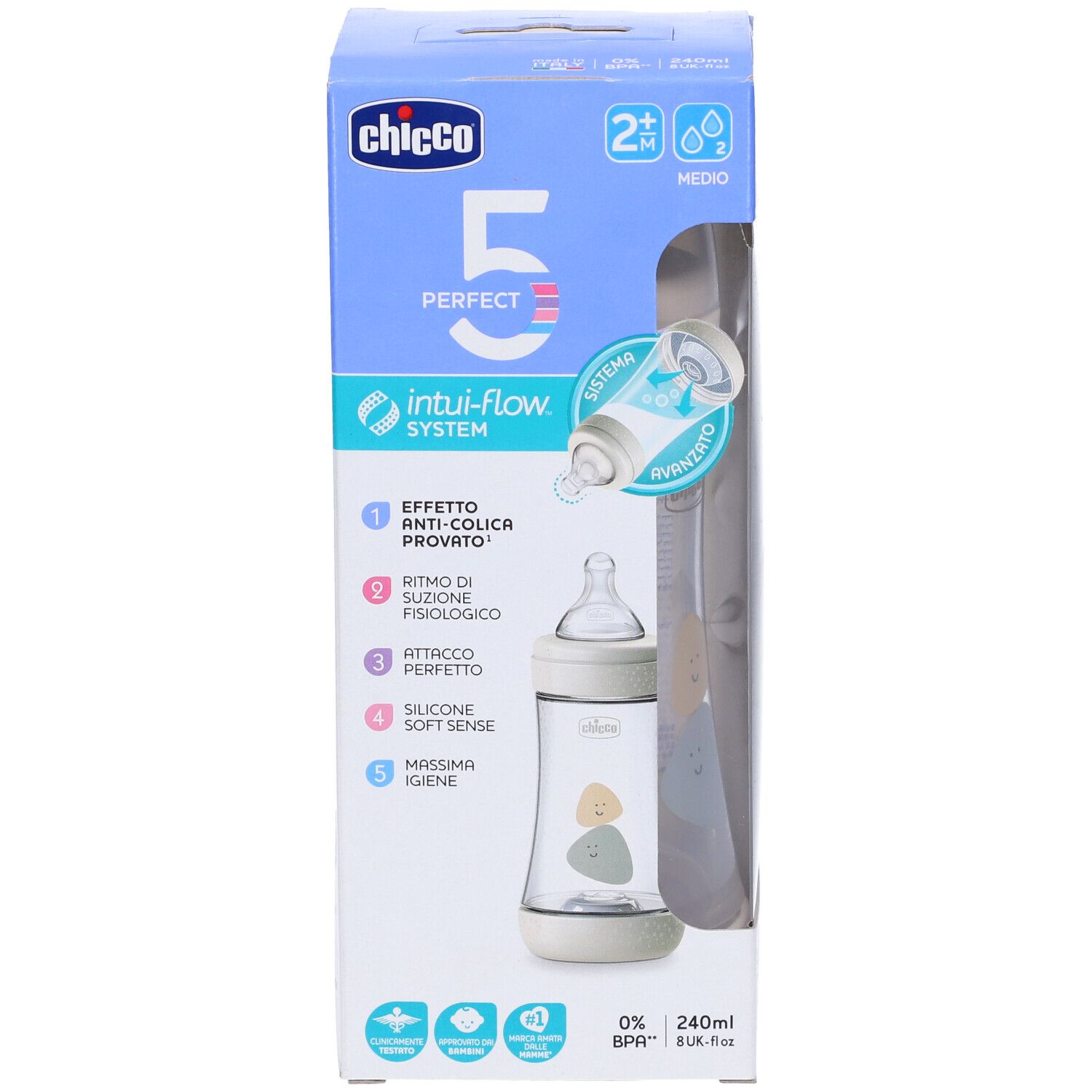 Biberon Chicco Perfect 5 in confezione. Tettarella in silicone, 2 fori. Informazioni sul prodotto sulla confezione.