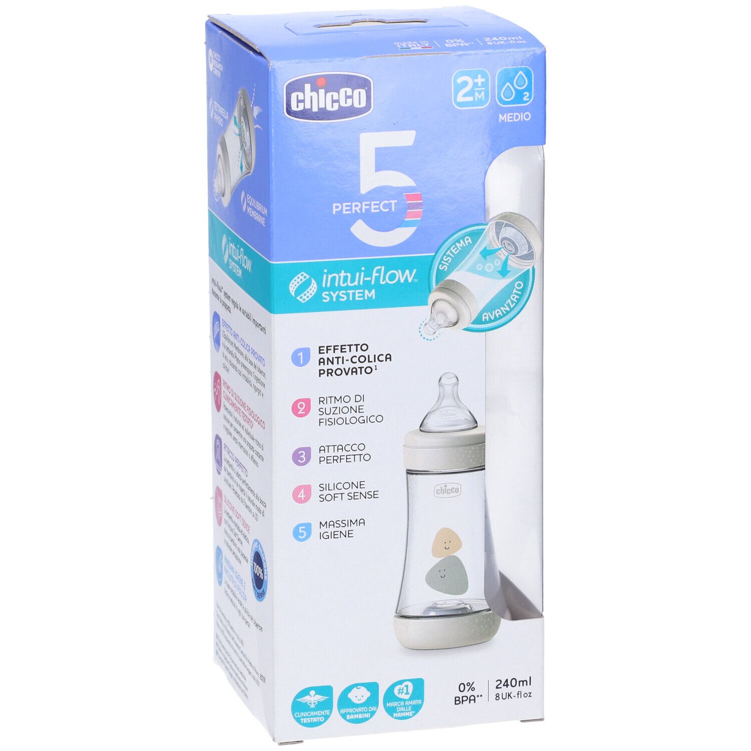 Biberon Chicco Perfect 5 in confezione. Tettarella in silicone, 2 fori. Informazioni sul prodotto sulla confezione.