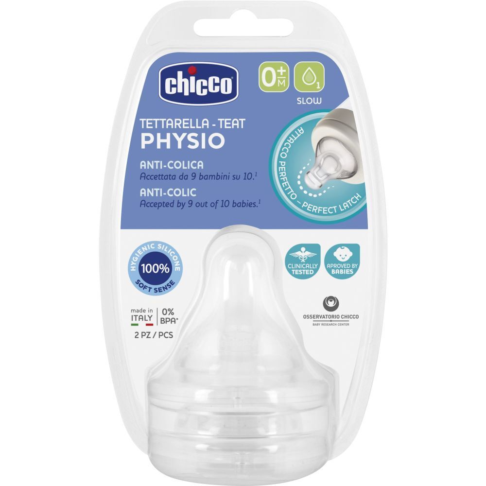 Confezione di due tettarelle in silicone. Marchio e nome del prodotto visibili. Indicazione "0+ m" e "Slow". Funzione anti-colica.