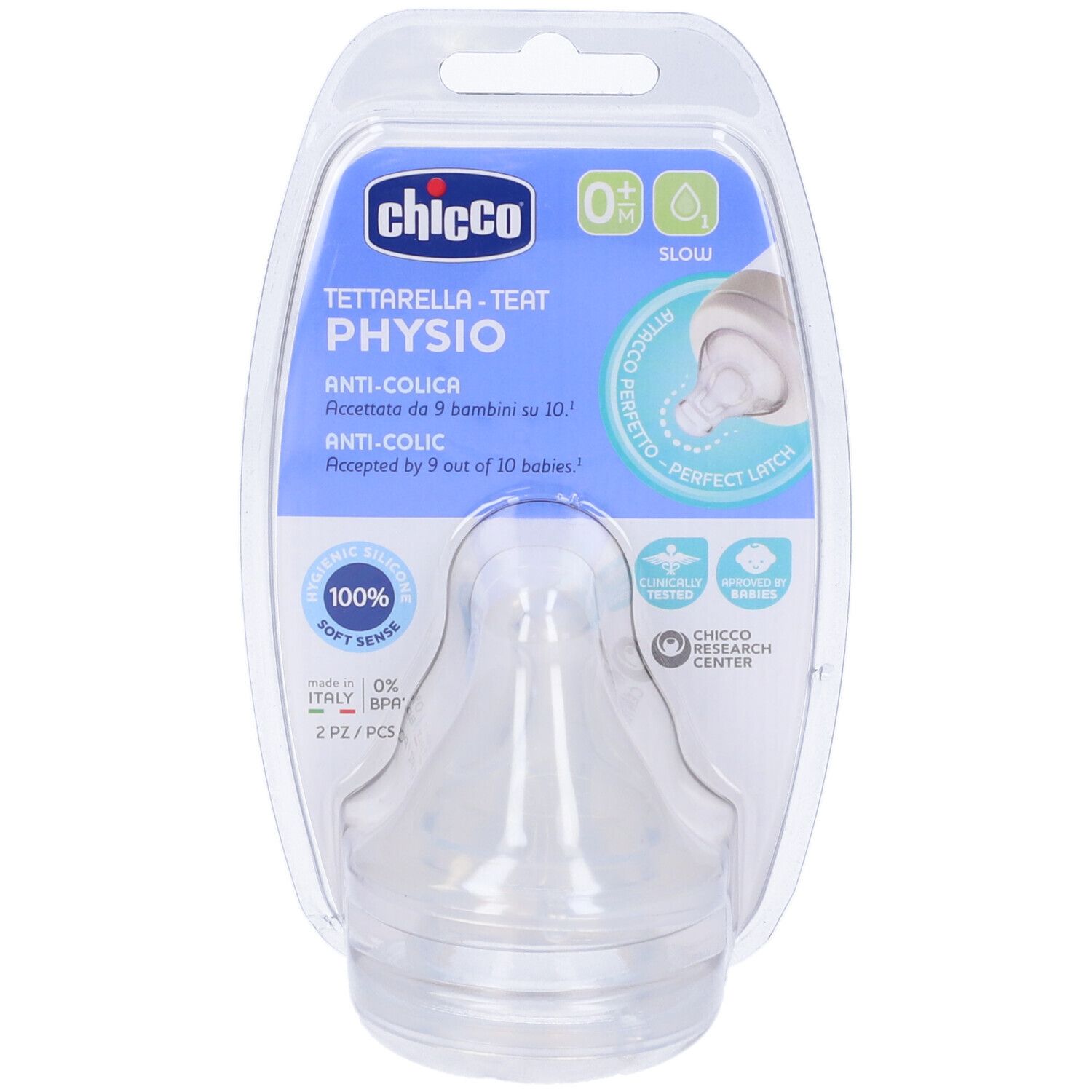 Confezione di due tettarelle in silicone. Marchio e nome del prodotto visibili. Indicazione "0+ m" e "Slow". Funzione anti-colica.