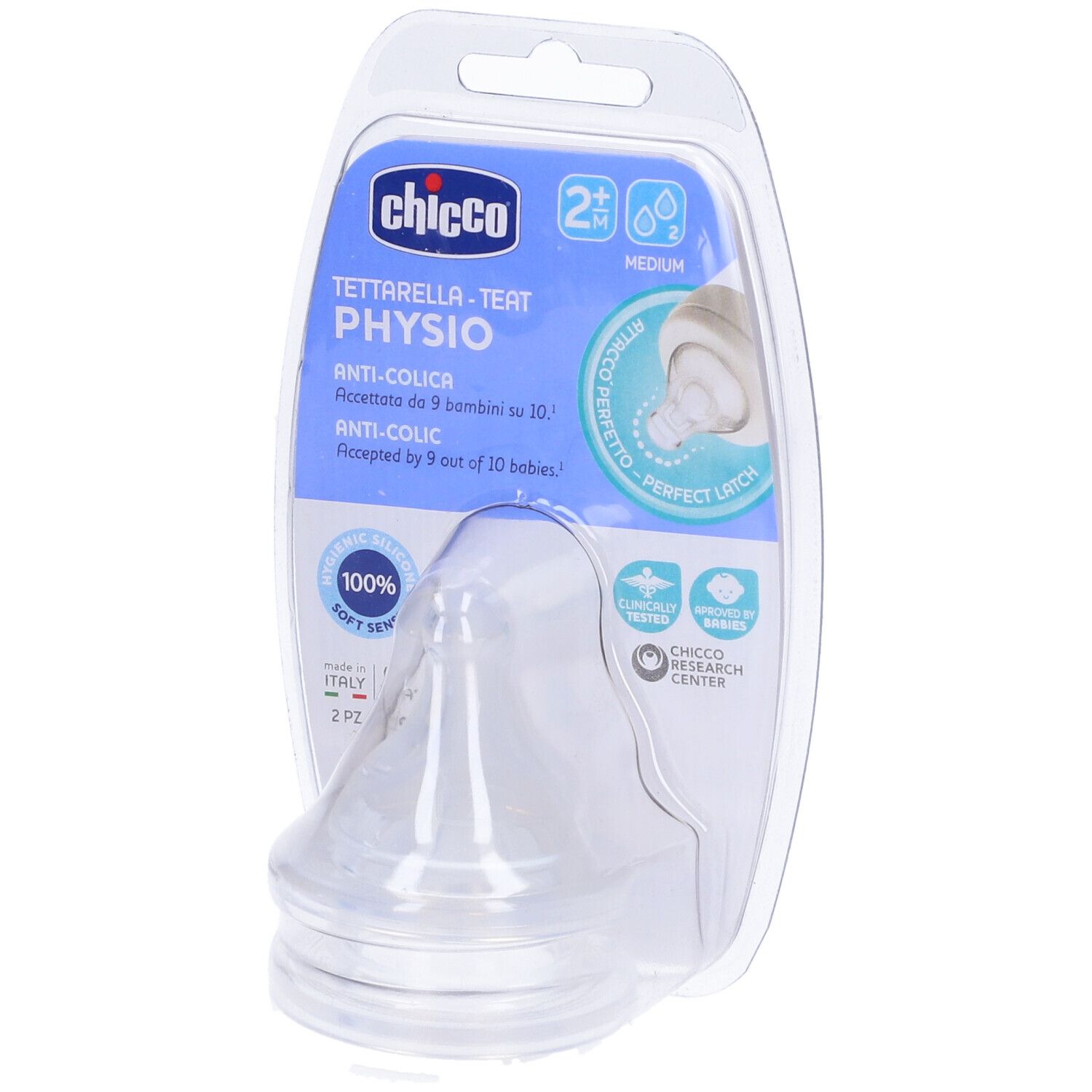 Chicco Tettarella Perfect 5. Tettarella in silicone trasparente in confezione blister. Logo, testo e certificazioni.