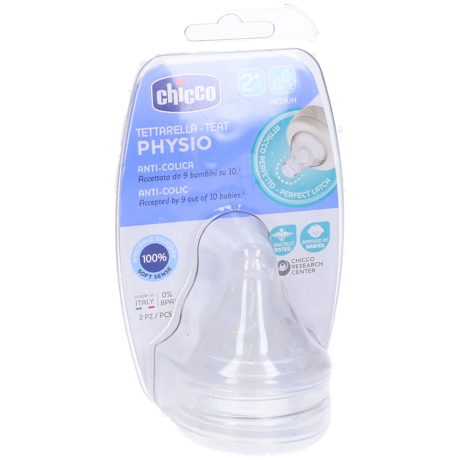 Chicco Tettarella Perfect 5. Due tettarelle in silicone trasparente in confezione blister. Logo, testo e certificazioni.