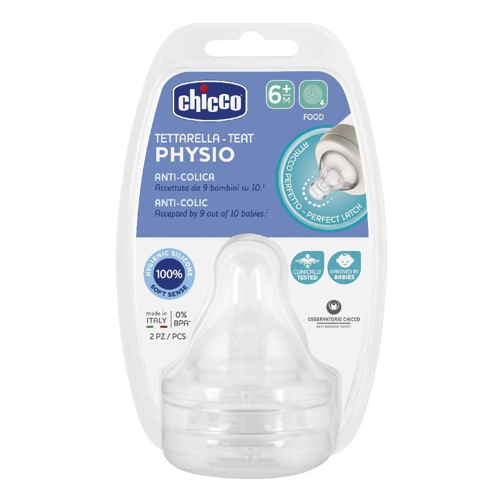 Tettarella anti-colica Chicco in confezione. 2 pezzi. Silicone, 6+ mesi. Testo: Physio, Anti-colic, Perfect Latch.