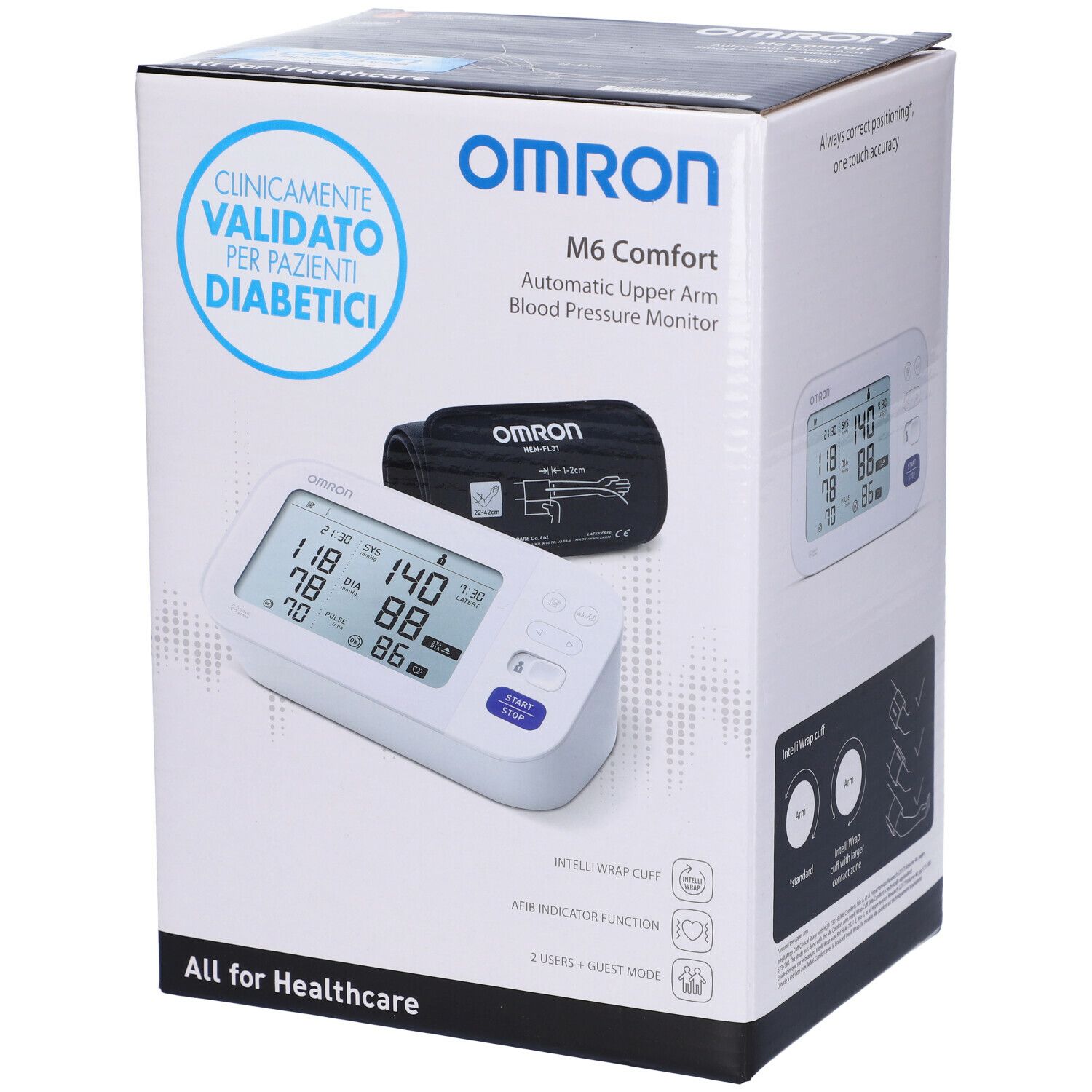 Confezione del misuratore di pressione OMRON M6 Comfort. Clinicamente validato per diabetici. Prodotto e bracciale illustrati.