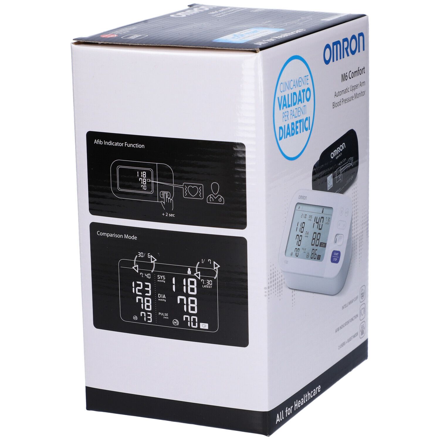 Confezione del misuratore di pressione OMRON M6 Comfort. Illustrazioni delle funzioni. Clinicamente validato per diabetici.