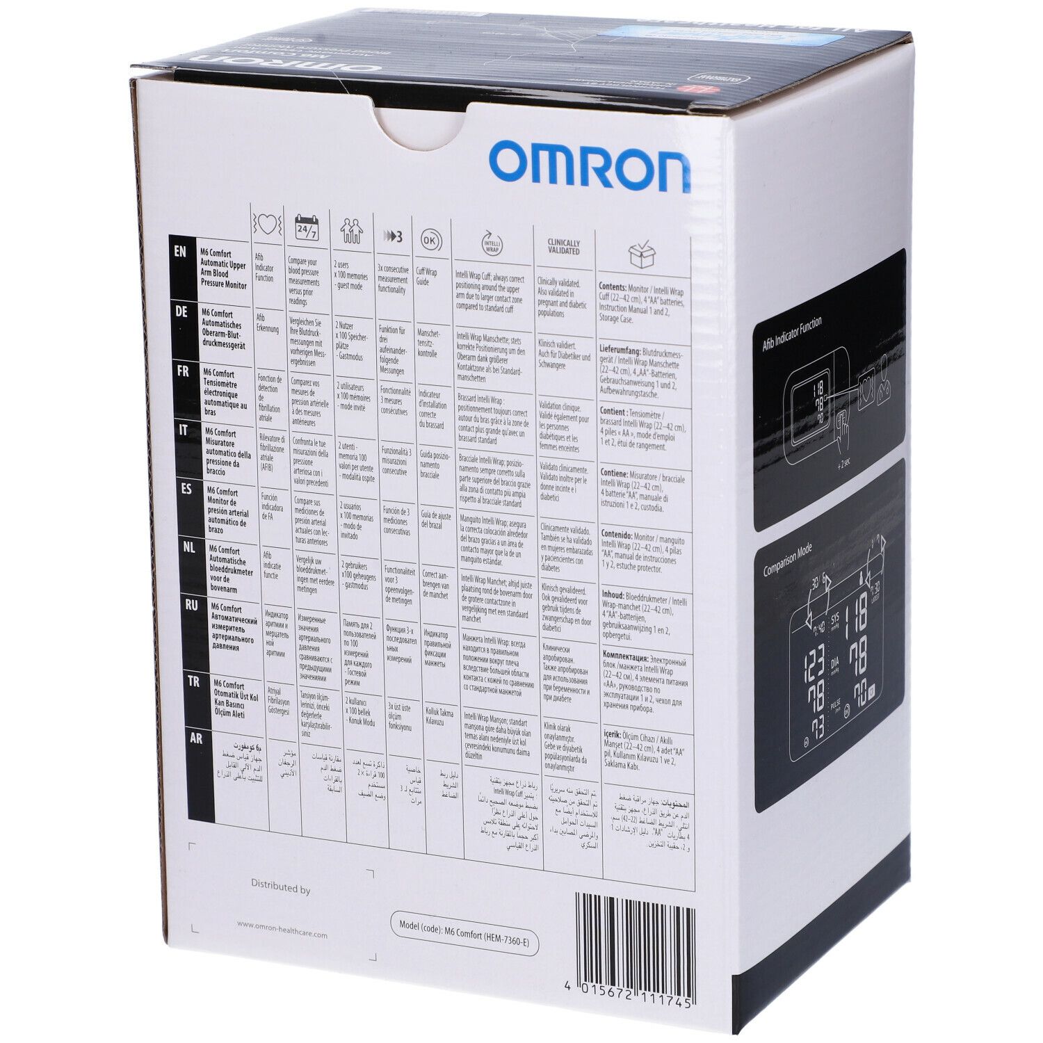 Retro della confezione del misuratore di pressione OMRON M6 Comfort. Informazioni in più lingue.