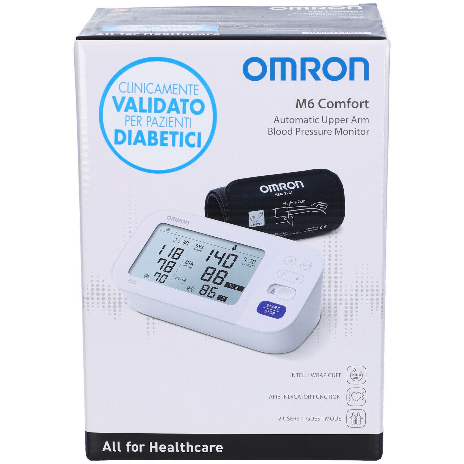 Confezione del misuratore di pressione OMRON M6 Comfort. Prodotto e bracciale illustrati. Clinicamente validato per diabetici.