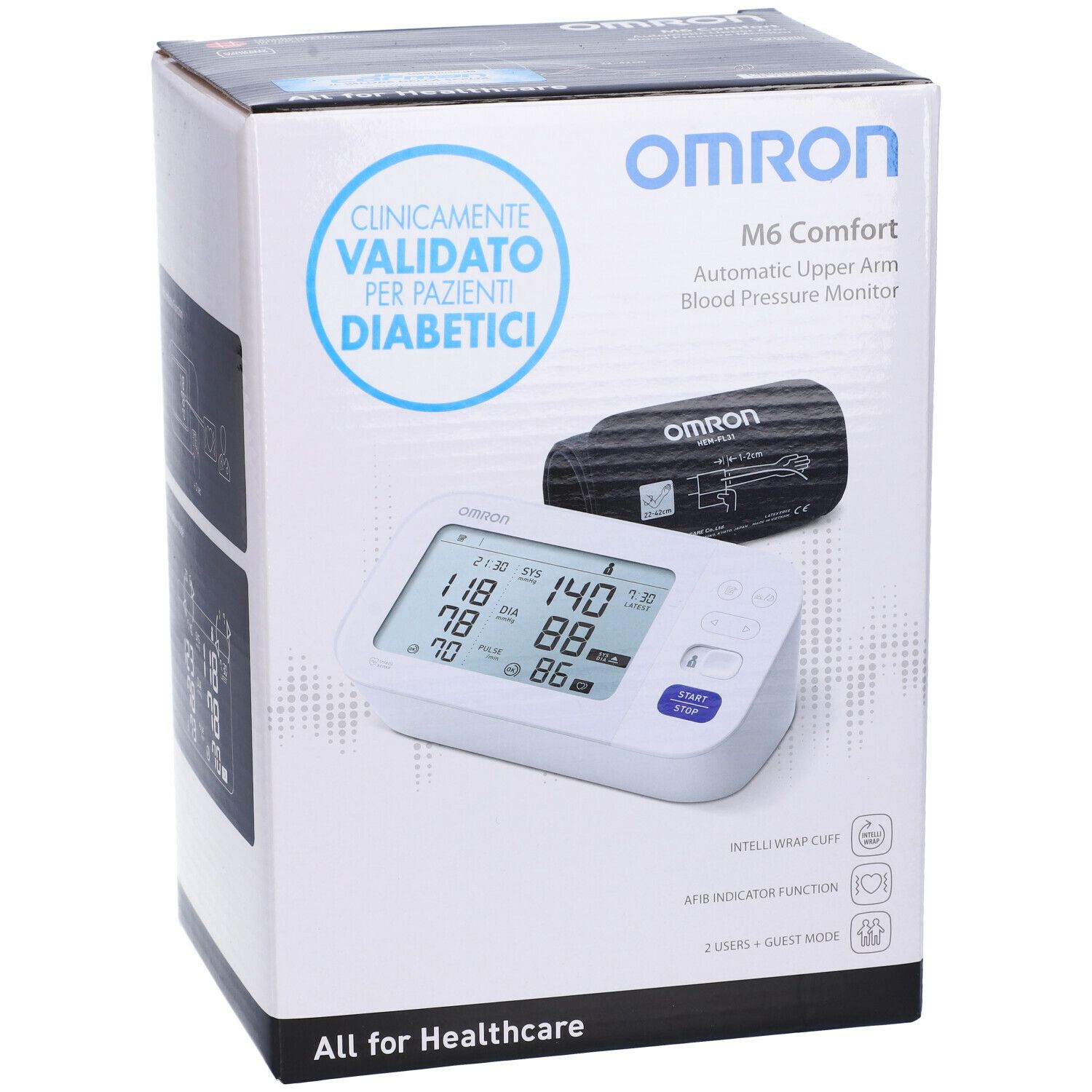 Confezione del misuratore di pressione OMRON M6 Comfort. Prodotto e bracciale illustrati. Clinicamente validato per diabetici.