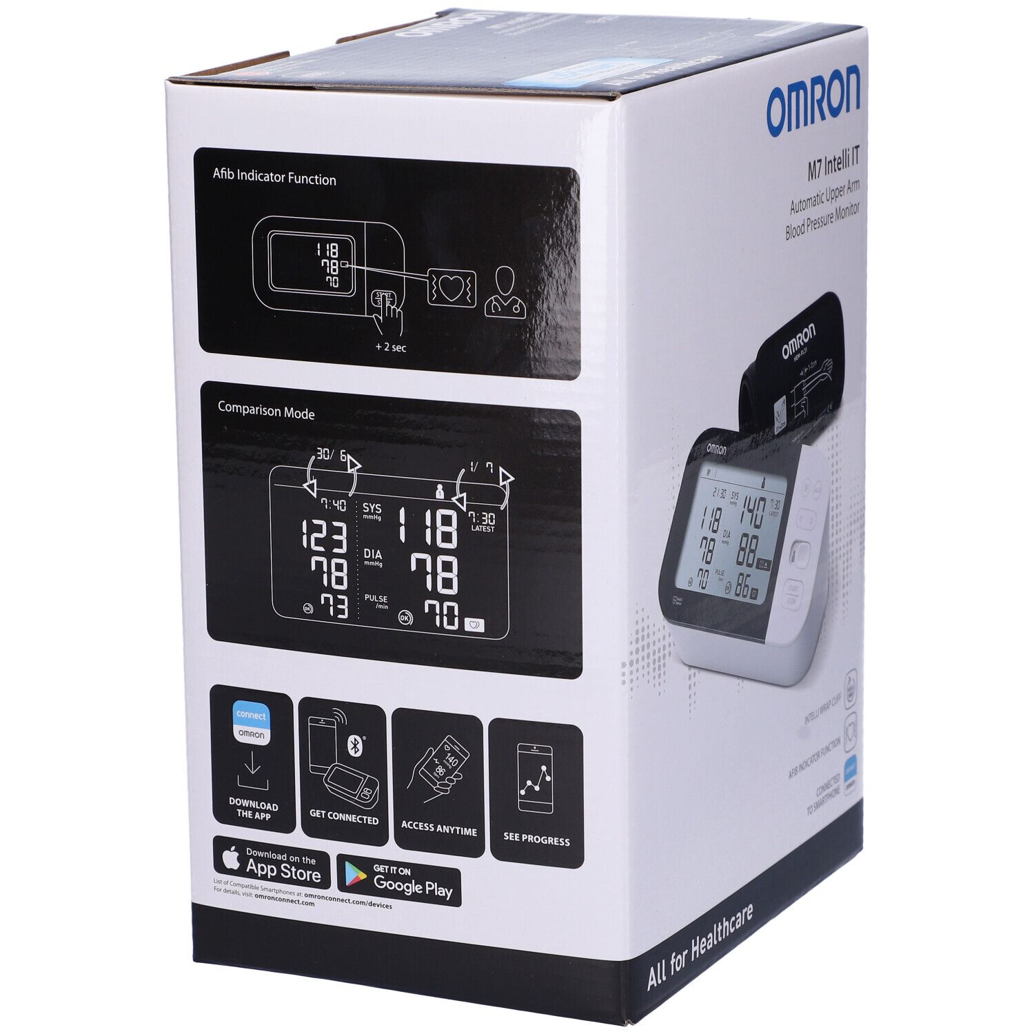 Confezione Omron M7 Intelli IT. Diagrammi e pittogrammi. Testo: Download the App, Get Connected, Access Anytime, See Progress.