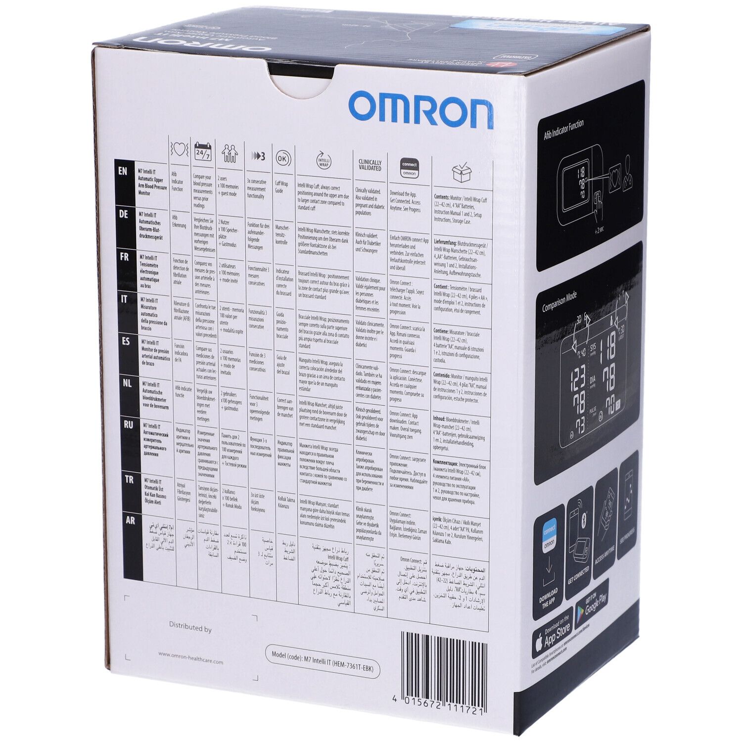 Retro della confezione Omron M7 Intelli IT. Tabelle multilingue con informazioni e pittogrammi.